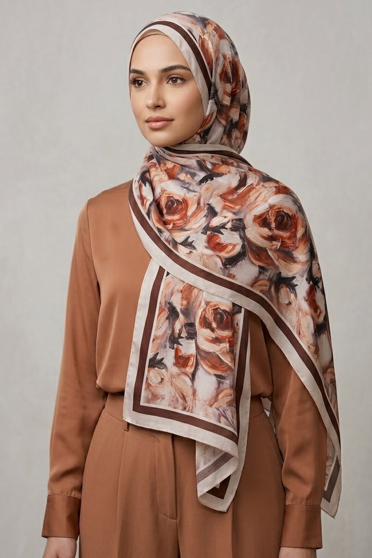 Bloom Flowers İtalyan İpek Şal Pudra - 28736-PUDRA - 1