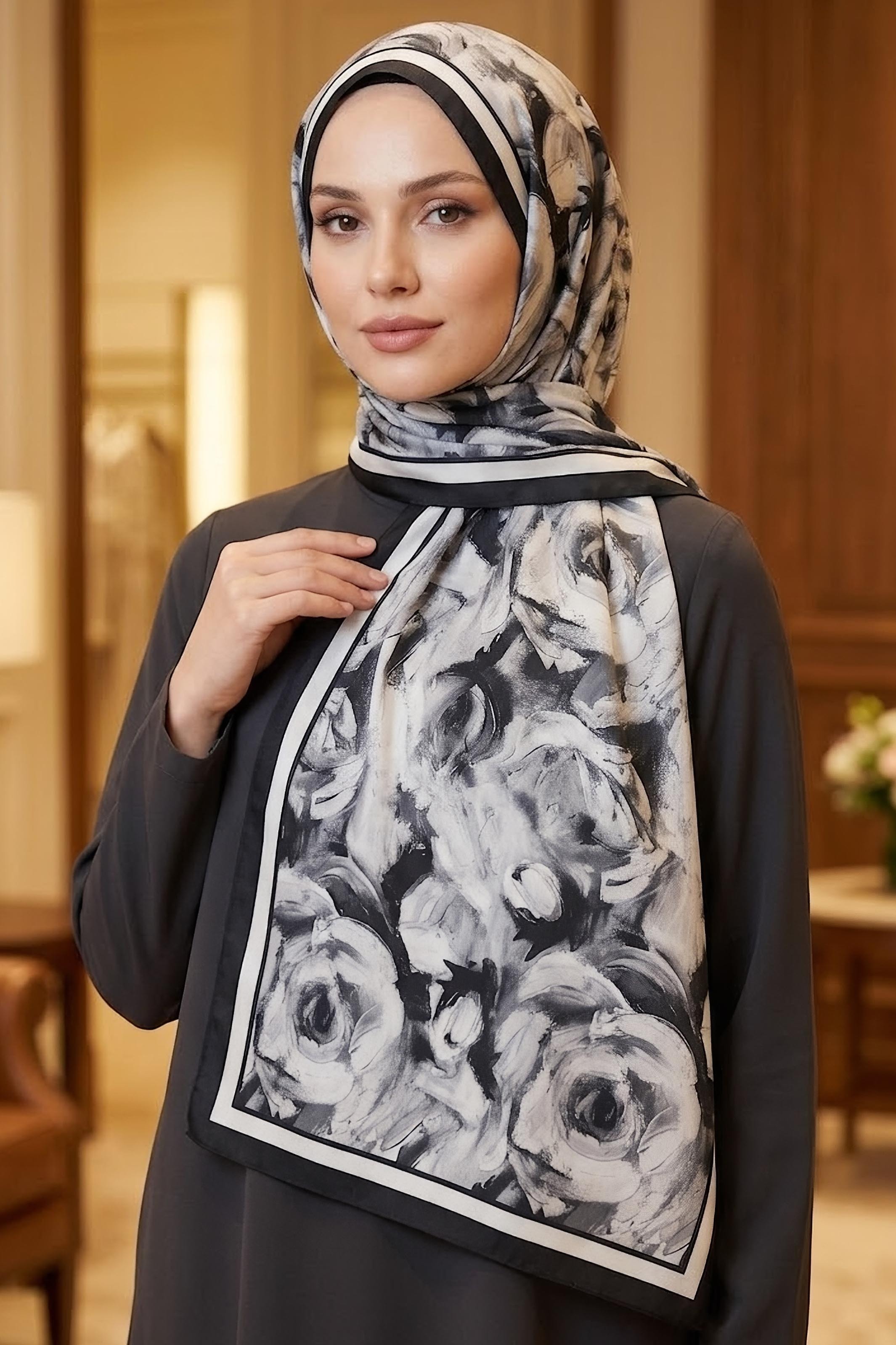 Bloom Flowers İtalyan İpek Şal Siyah - 28736-SIYAH - 1