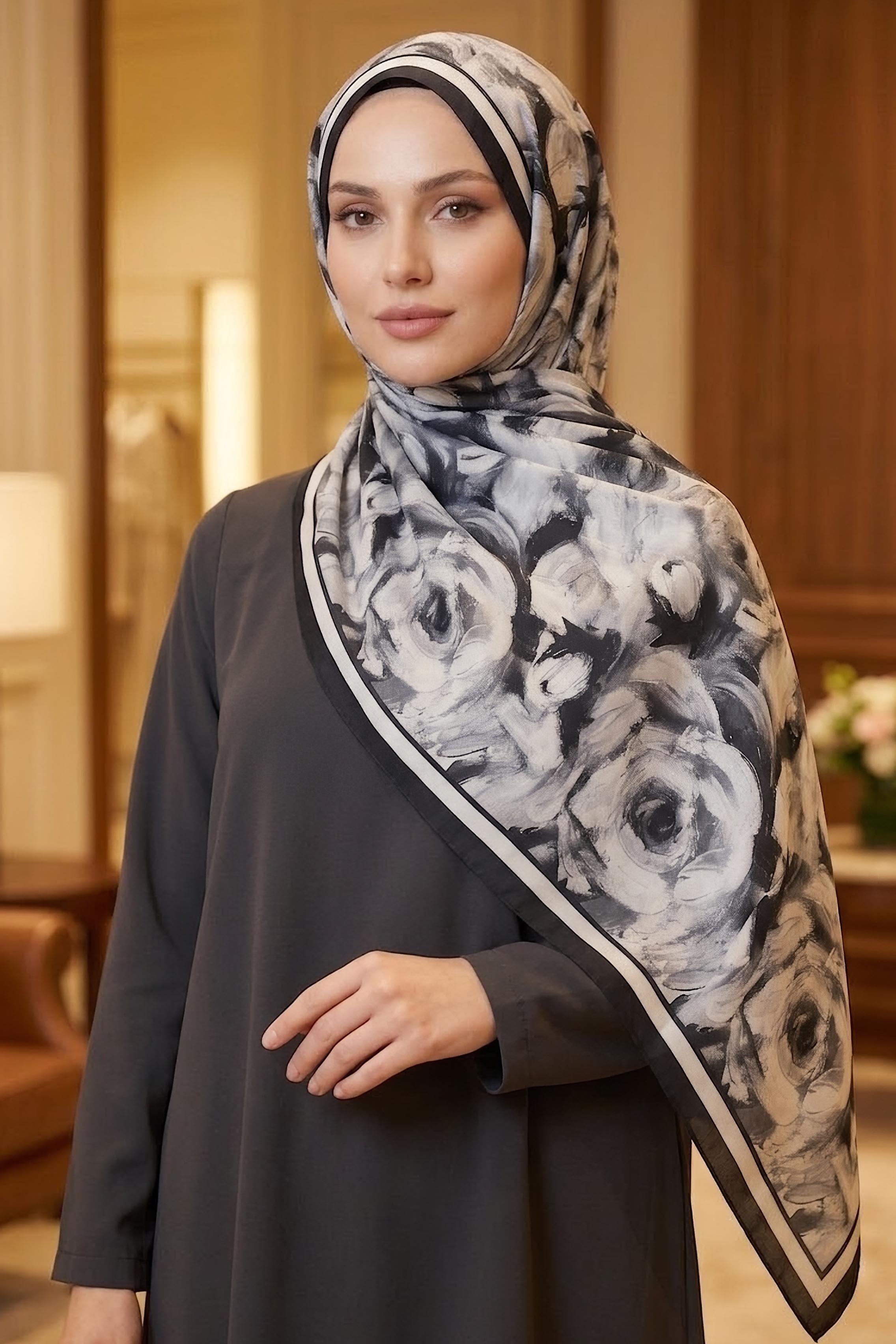 Bloom Flowers İtalyan İpek Şal Siyah - 28736-SIYAH - 3