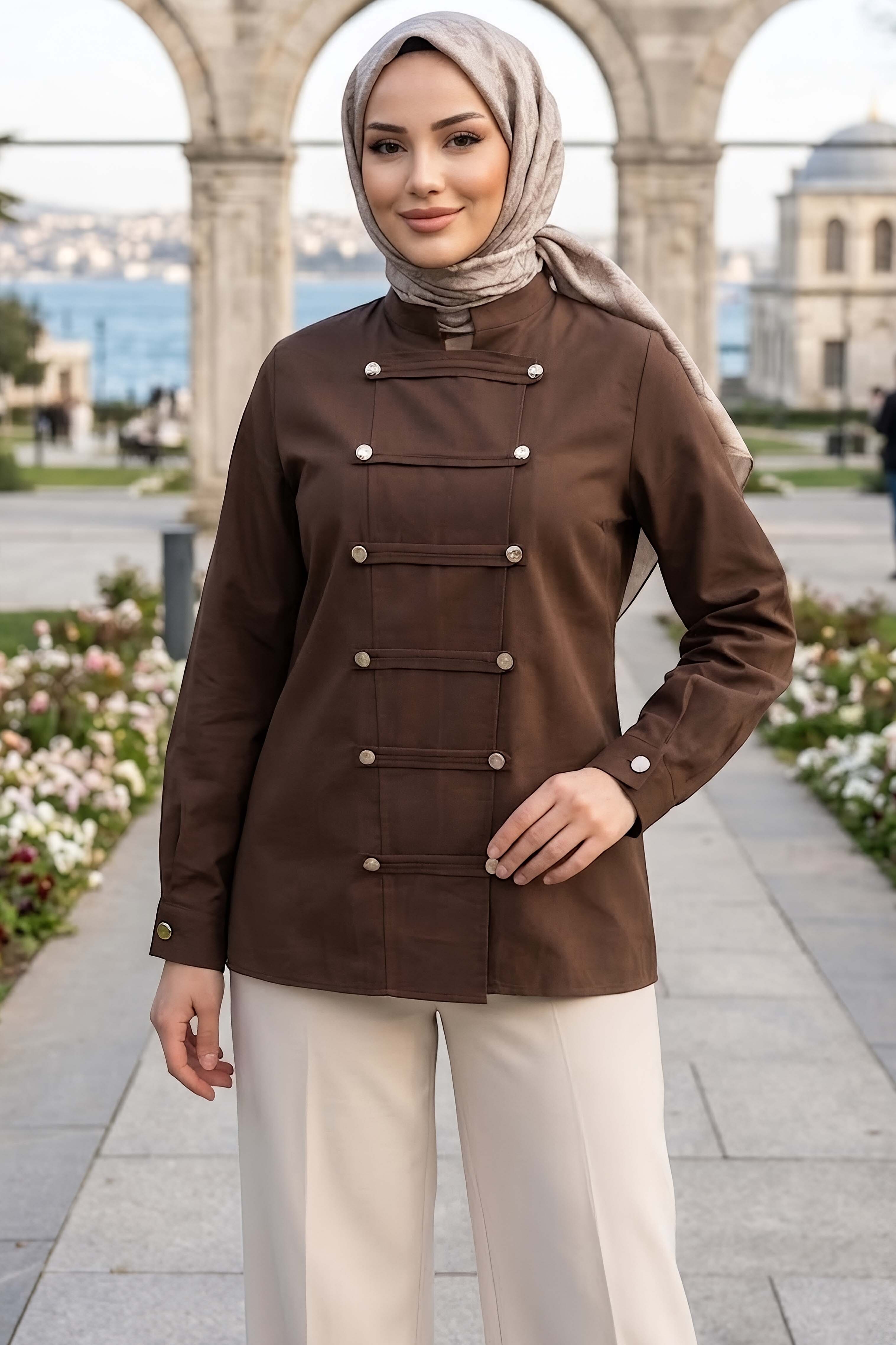 Boydan Çift Düğme Detaylı Tunik Kahve - 28839-KAHVE - 1