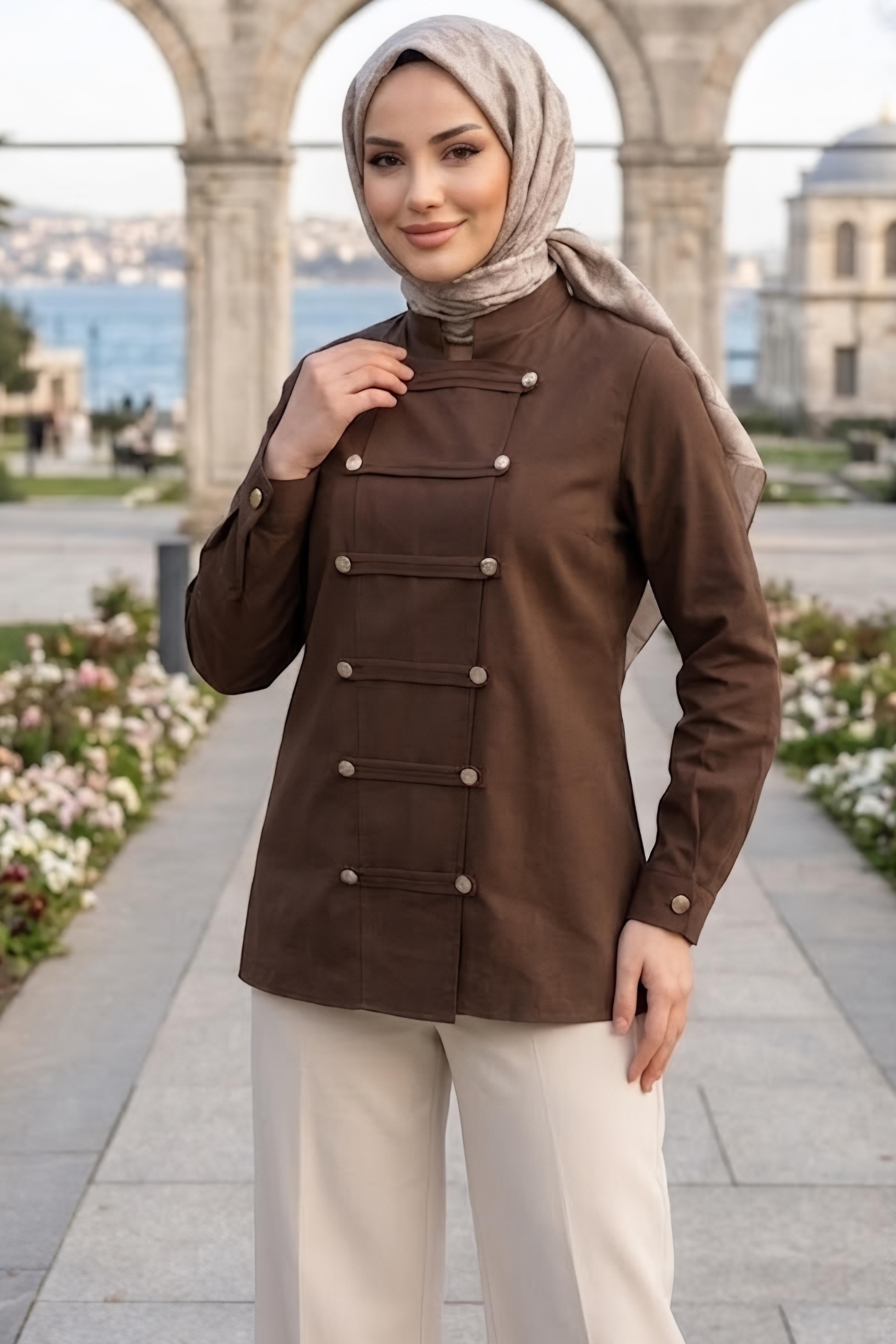 Boydan Çift Düğme Detaylı Tunik Kahve - 28839-KAHVE - 2