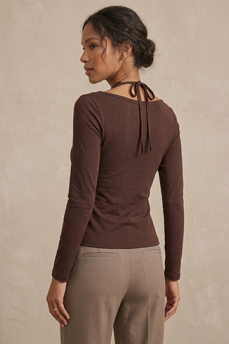 Boyundan Bağlamalı Bluz - 28419-KAHVE - 3
