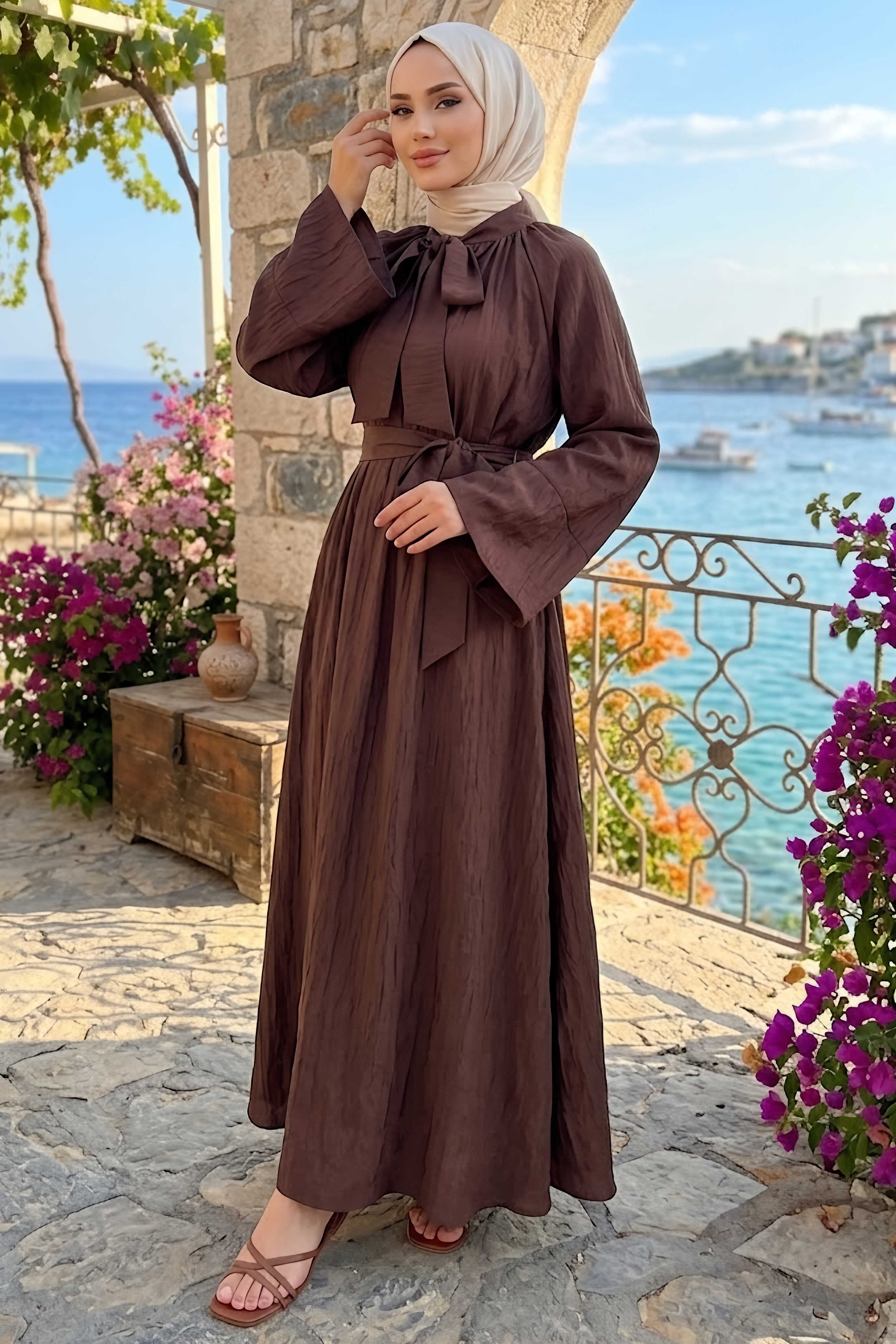 Boyundan Bağlamalı Kemerli Elbise Kahve - 28519-KAHVE - 1