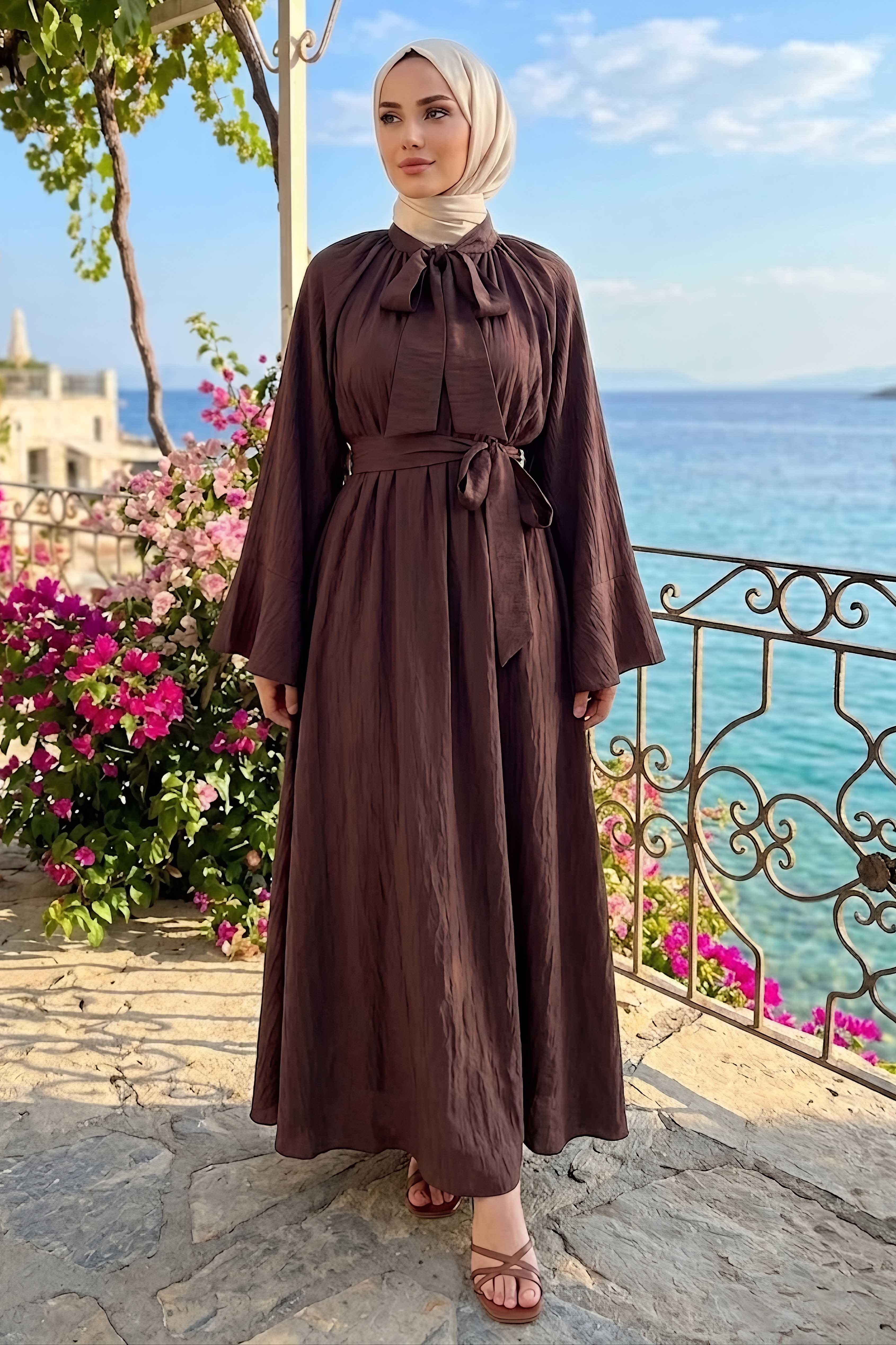 Boyundan Bağlamalı Kemerli Elbise Kahve - 28519-KAHVE - 2