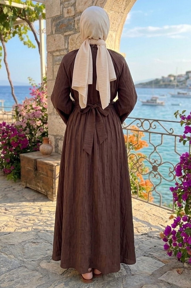 Boyundan Bağlamalı Kemerli Elbise Kahve - 28519-KAHVE - 3