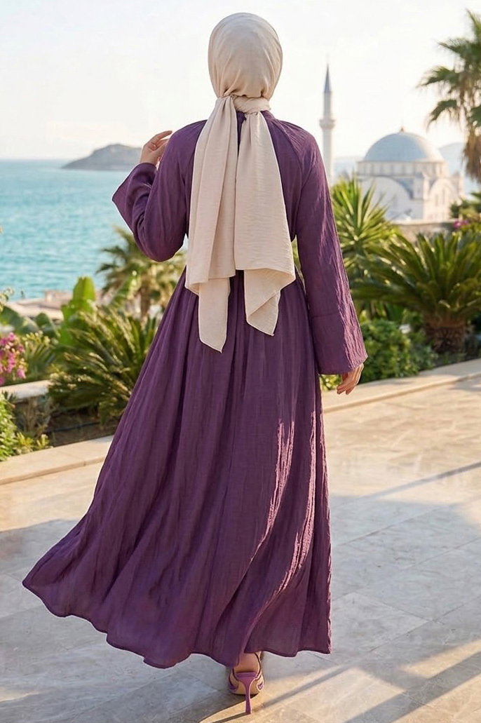 Boyundan Bağlamalı Kemerli Elbise Mor - 28519-MOR - 3