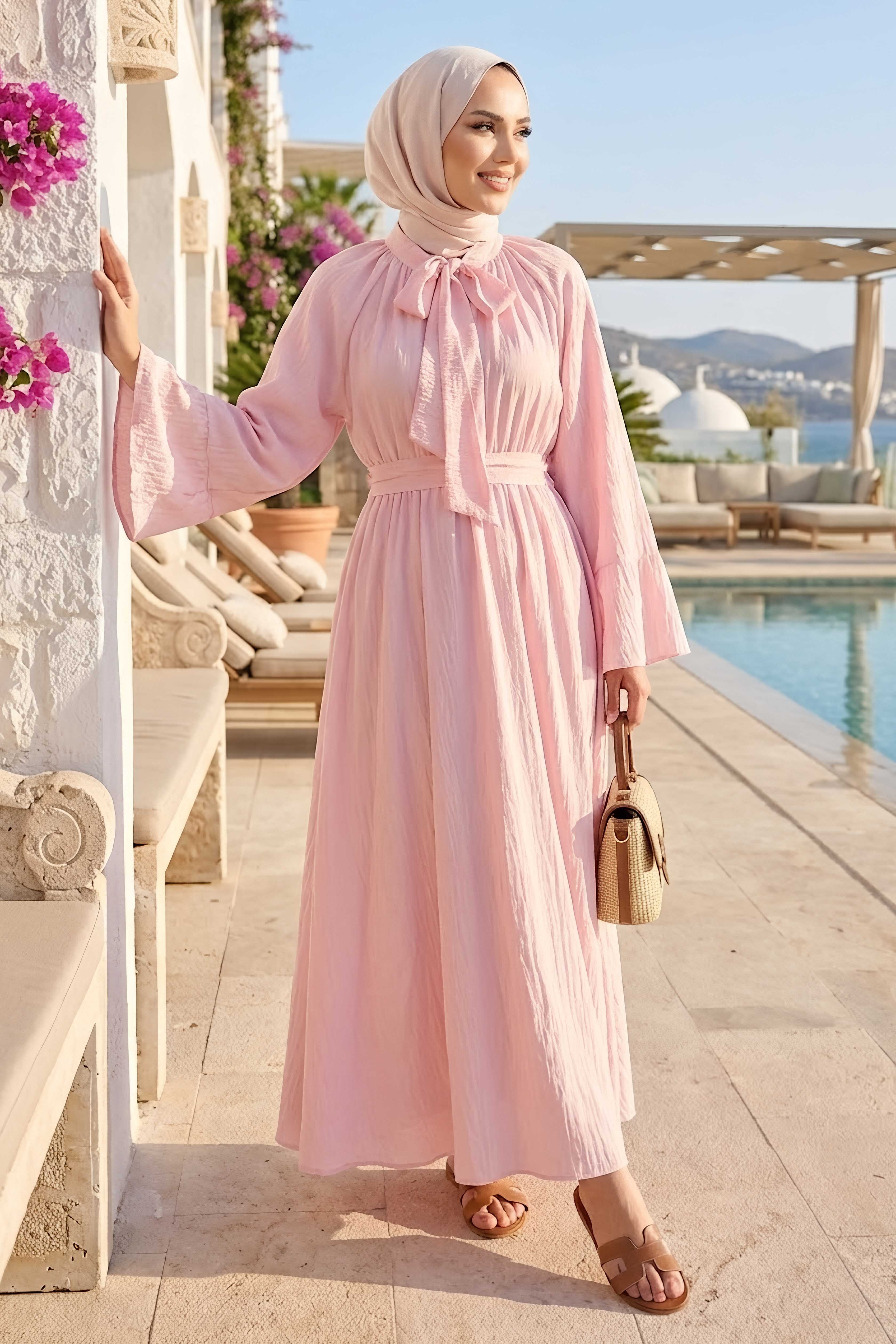 Boyundan Bağlamalı Kemerli Elbise Pembe - 28519-PEMBE - 1