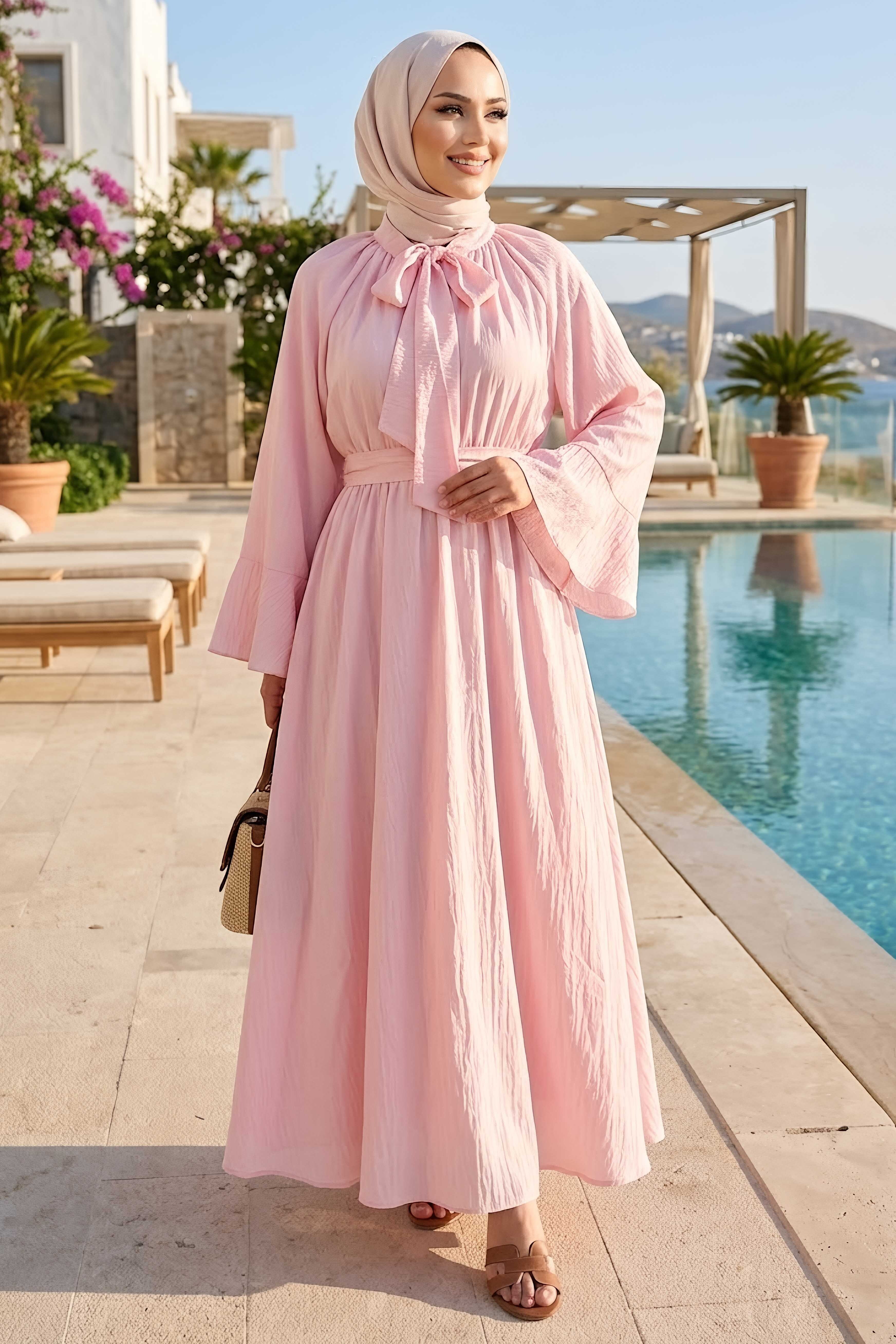 Boyundan Bağlamalı Kemerli Elbise Pembe - 28519-PEMBE - 2