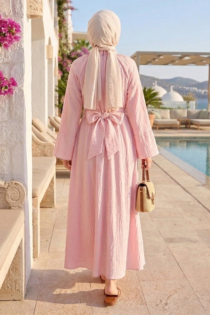 Boyundan Bağlamalı Kemerli Elbise Pembe - 28519-PEMBE - 3