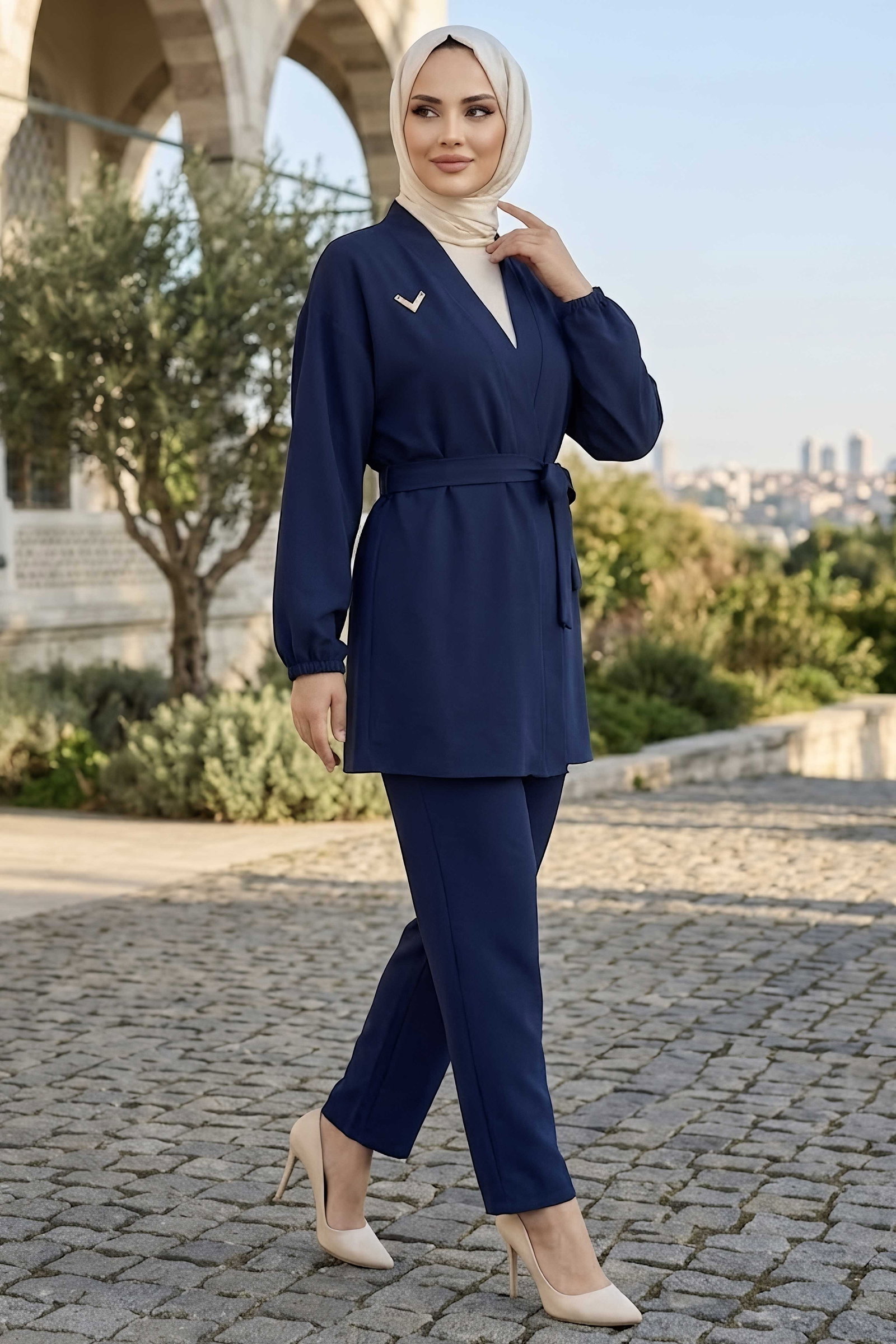 Broşlu Cekek Pantolon Takım Lacivert - 29013-LACIVERT - 2