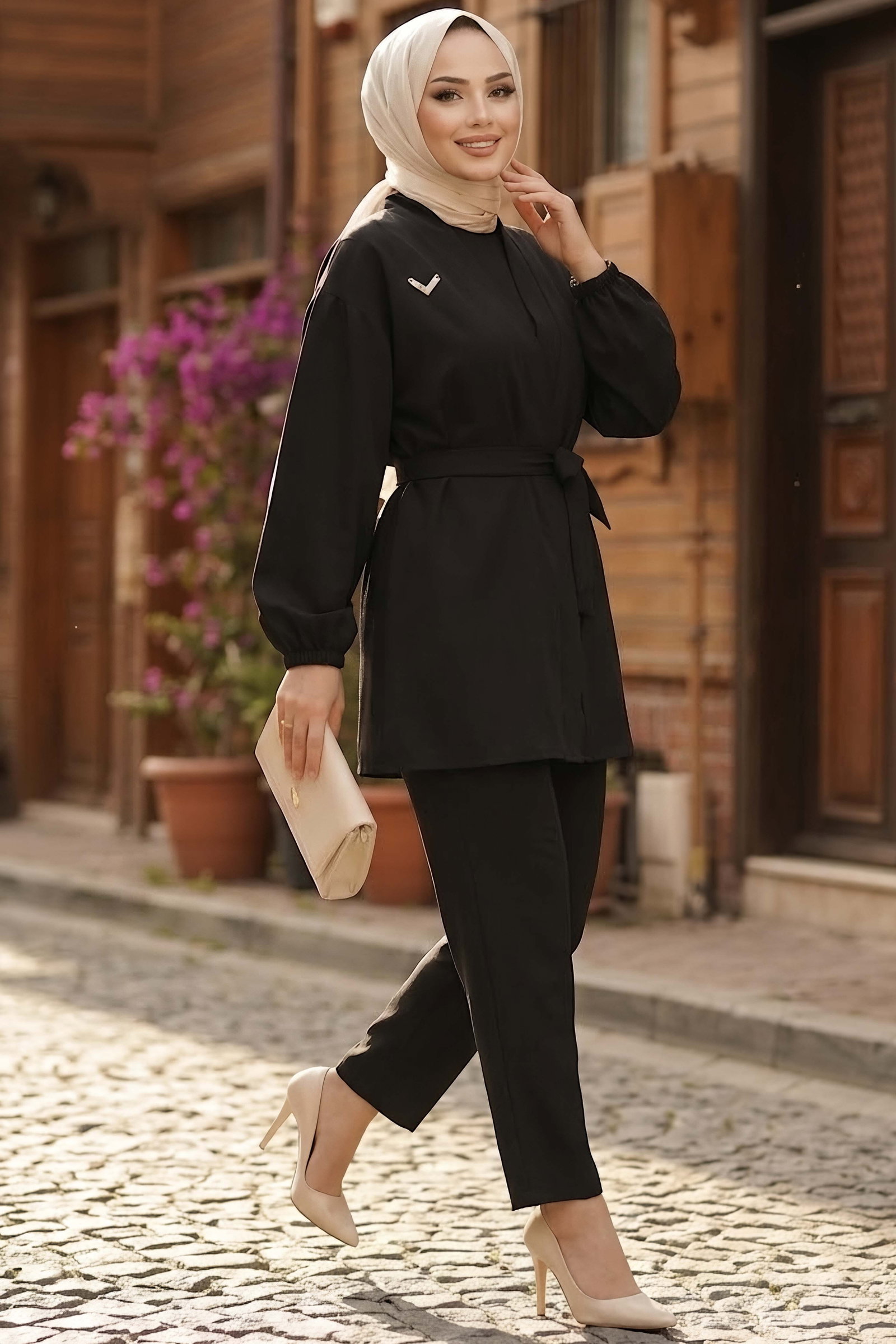 Broşlu Cekek Pantolon Takım Siyah - 29013-SIYAH - 2