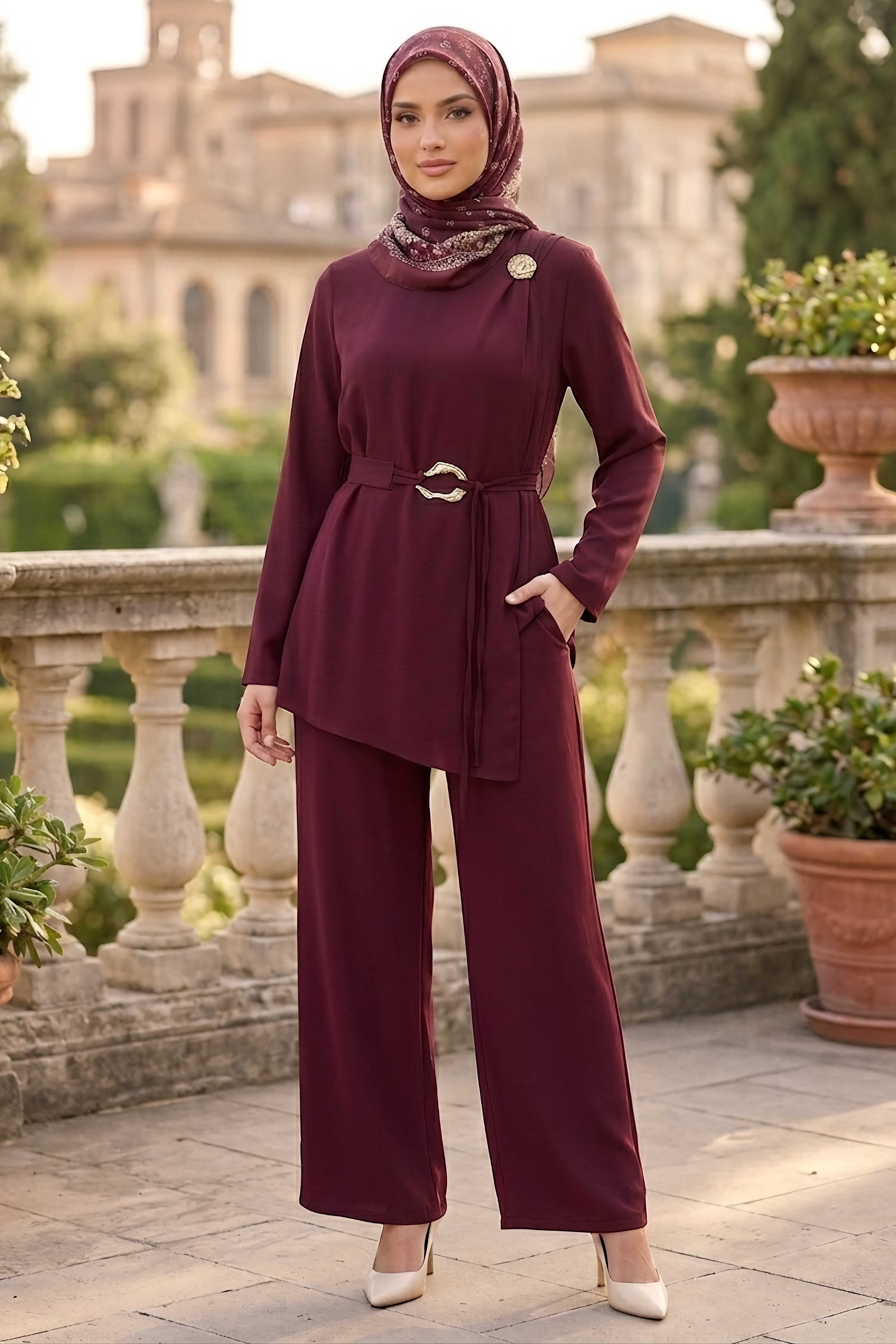 Broşlu Toka Kemerli İkili Takım Bordo - 28520-BORDO - 1