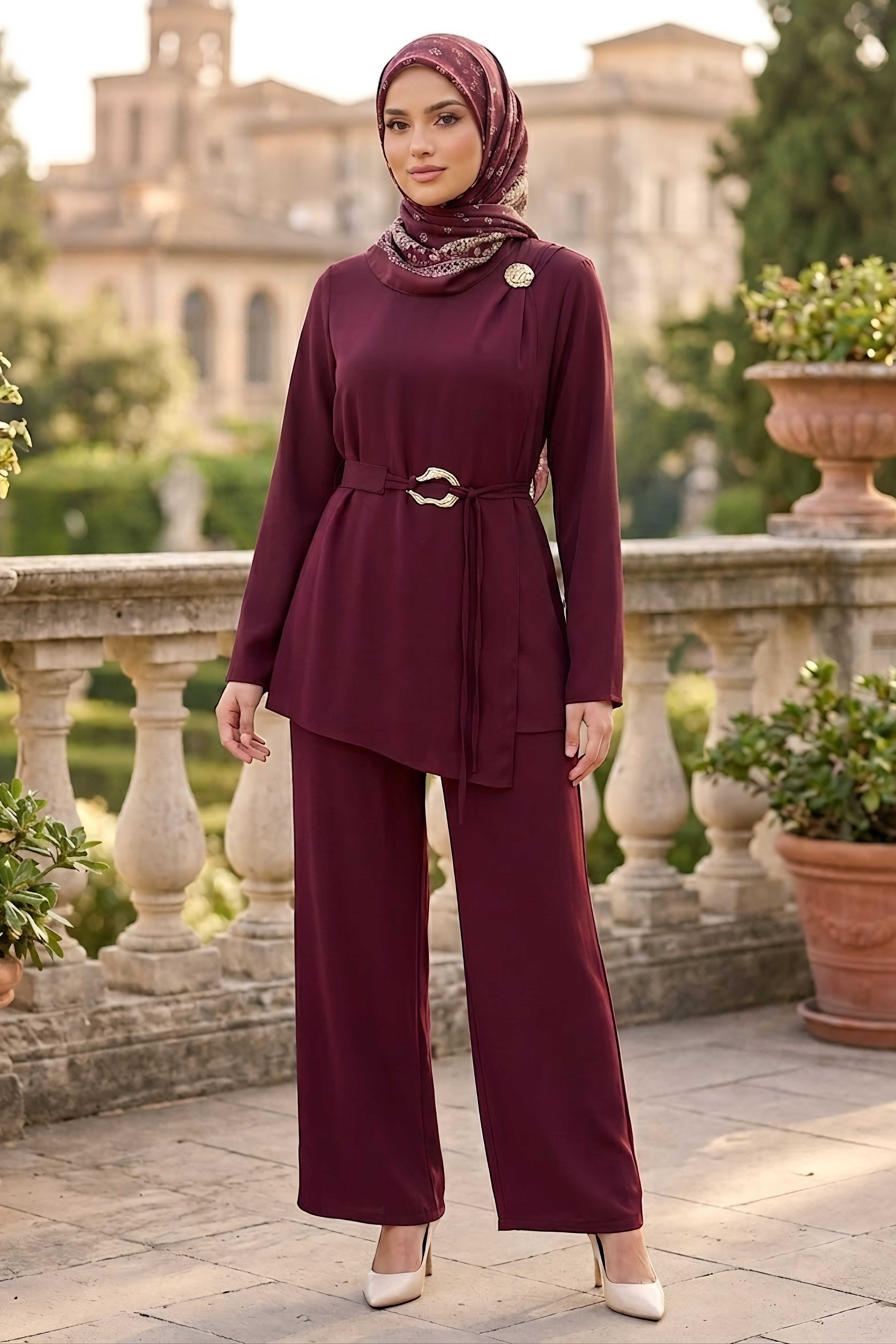 Broşlu Toka Kemerli İkili Takım Bordo - 28520-BORDO - 2