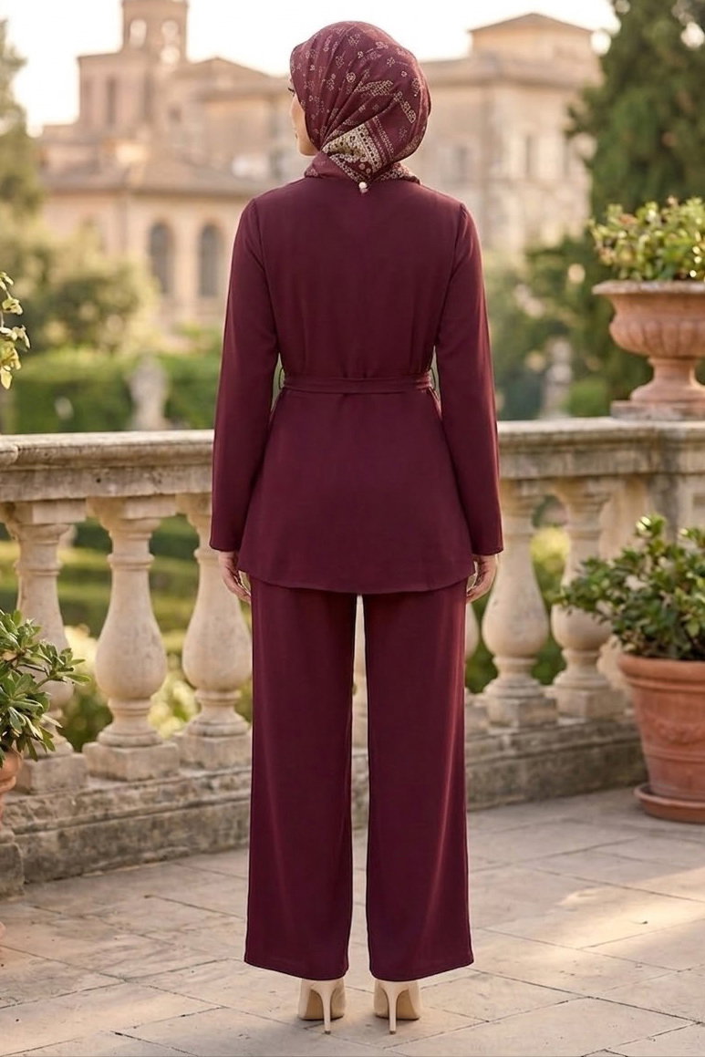 Broşlu Toka Kemerli İkili Takım Bordo - 28520-BORDO - 3