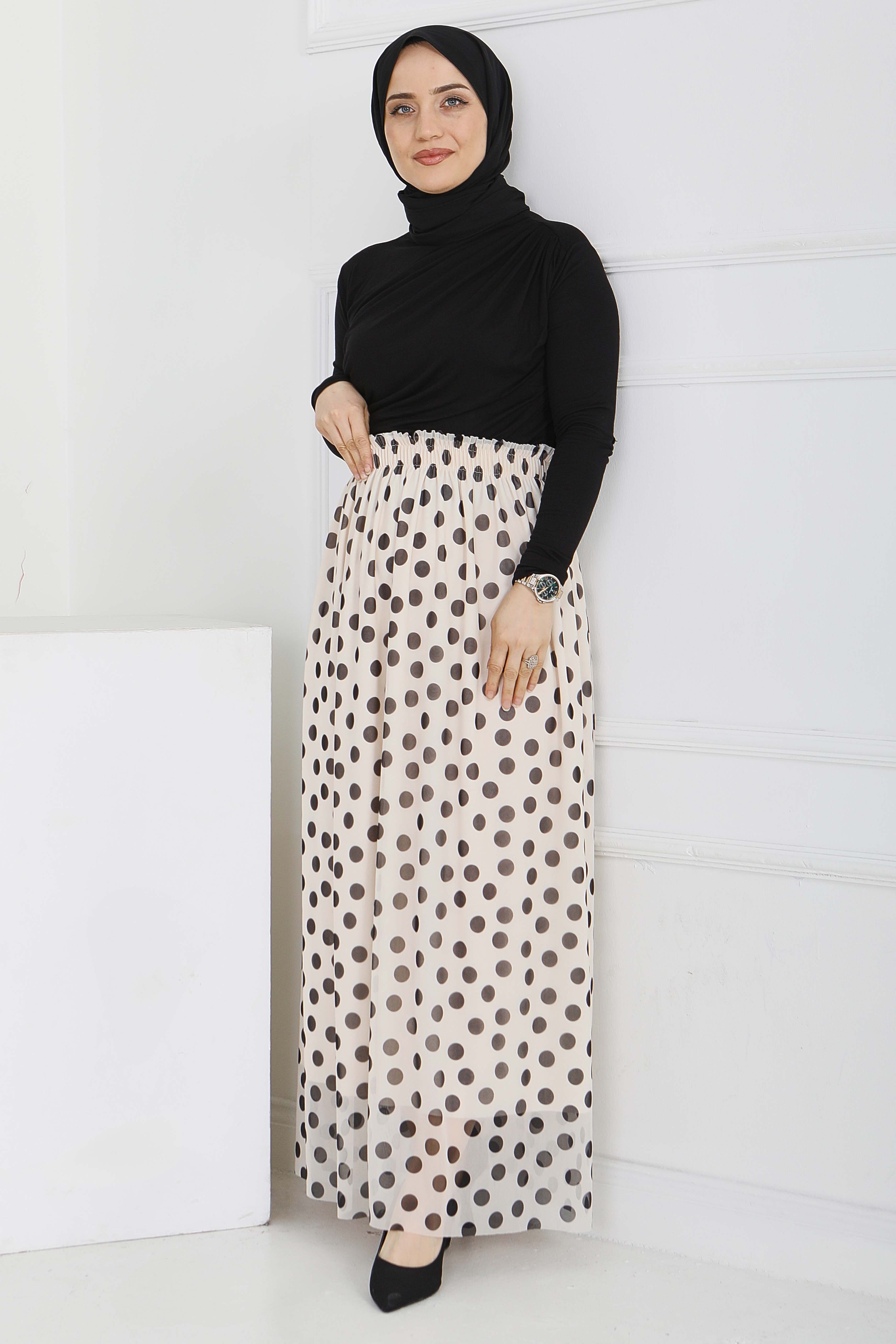 Büyük Puantiye Desenli Etek - 28404-BEJ - 1