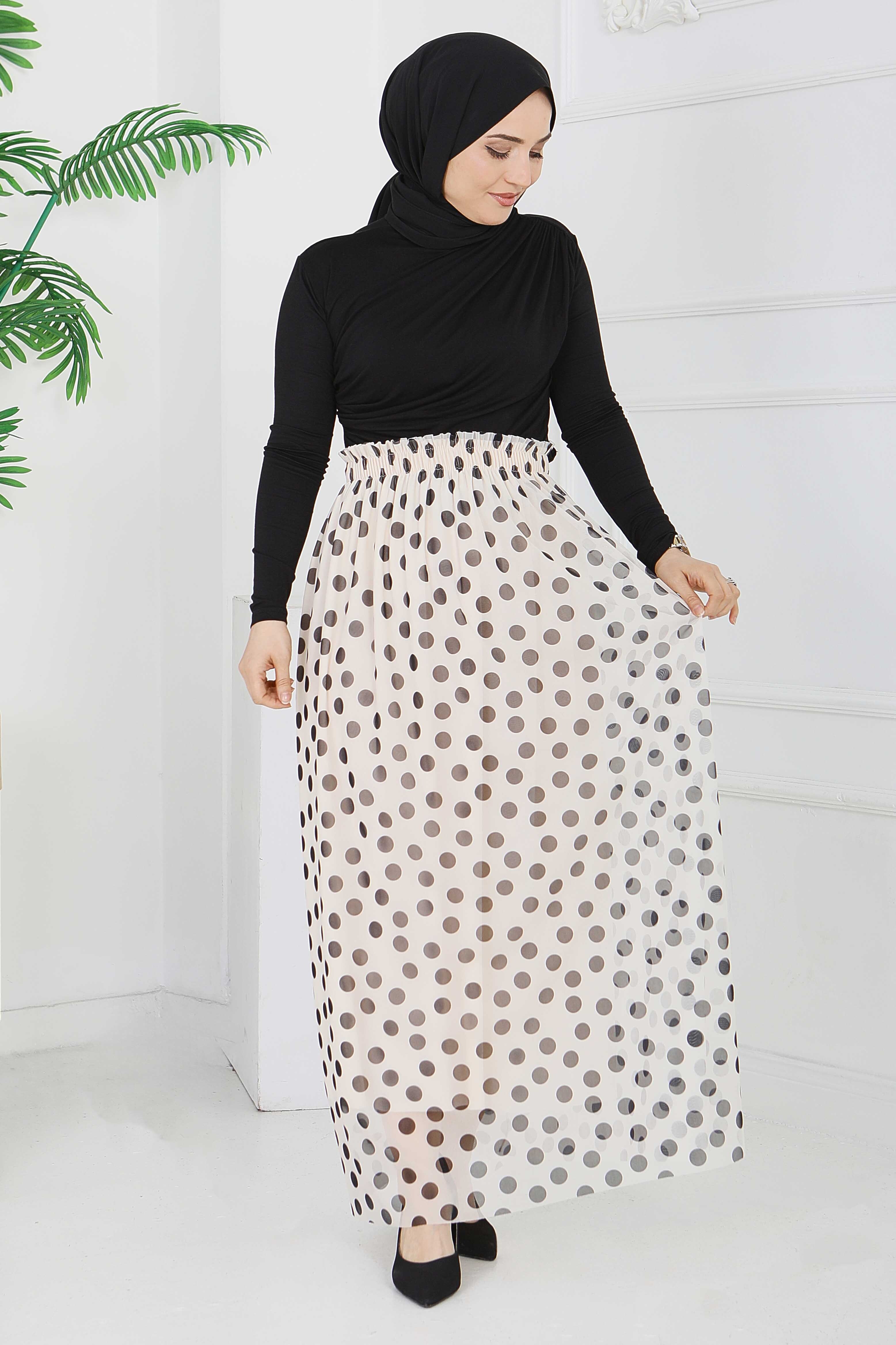 Büyük Puantiye Desenli Etek - 28404-BEJ - 2