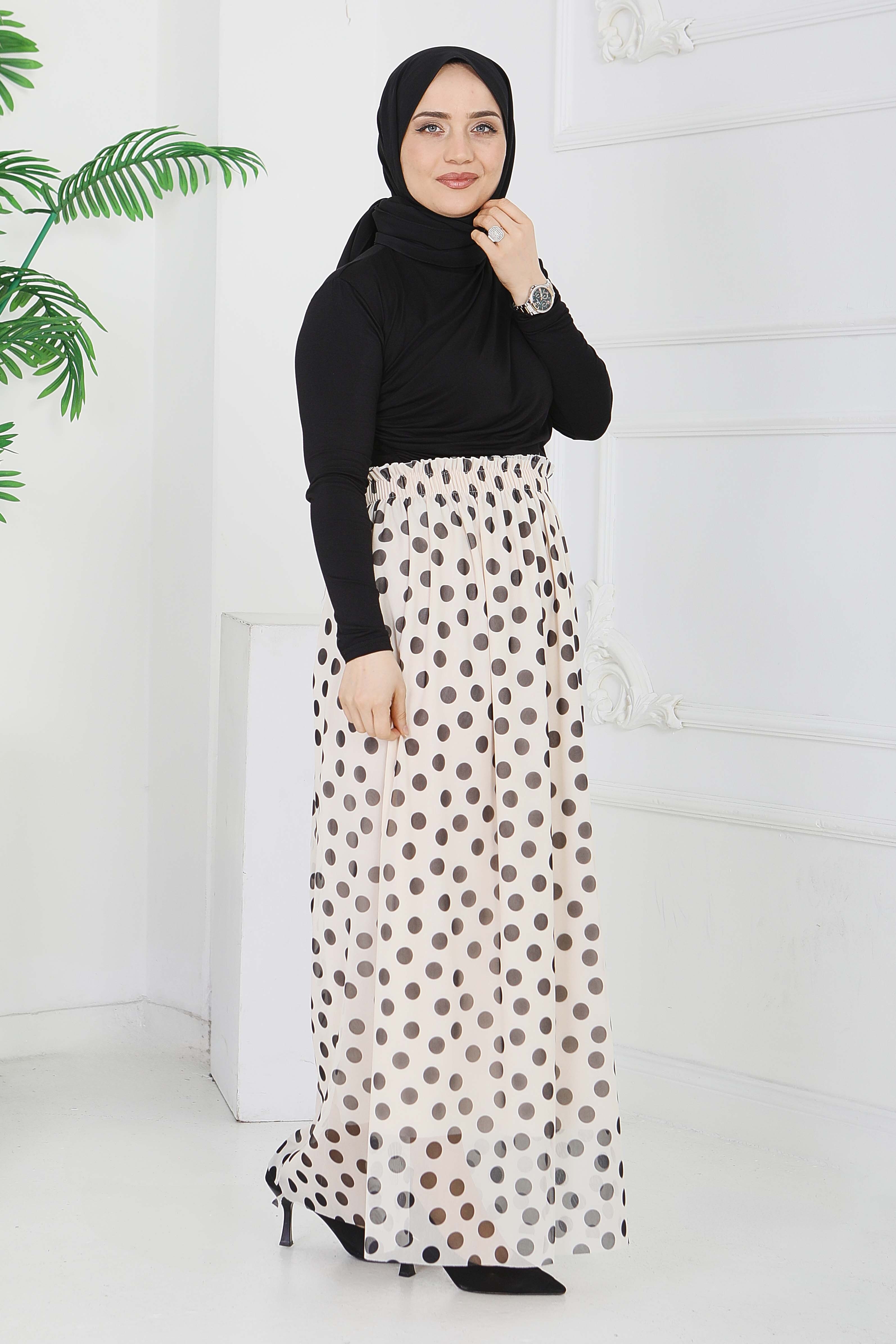 Büyük Puantiye Desenli Etek - 28404-BEJ - 3