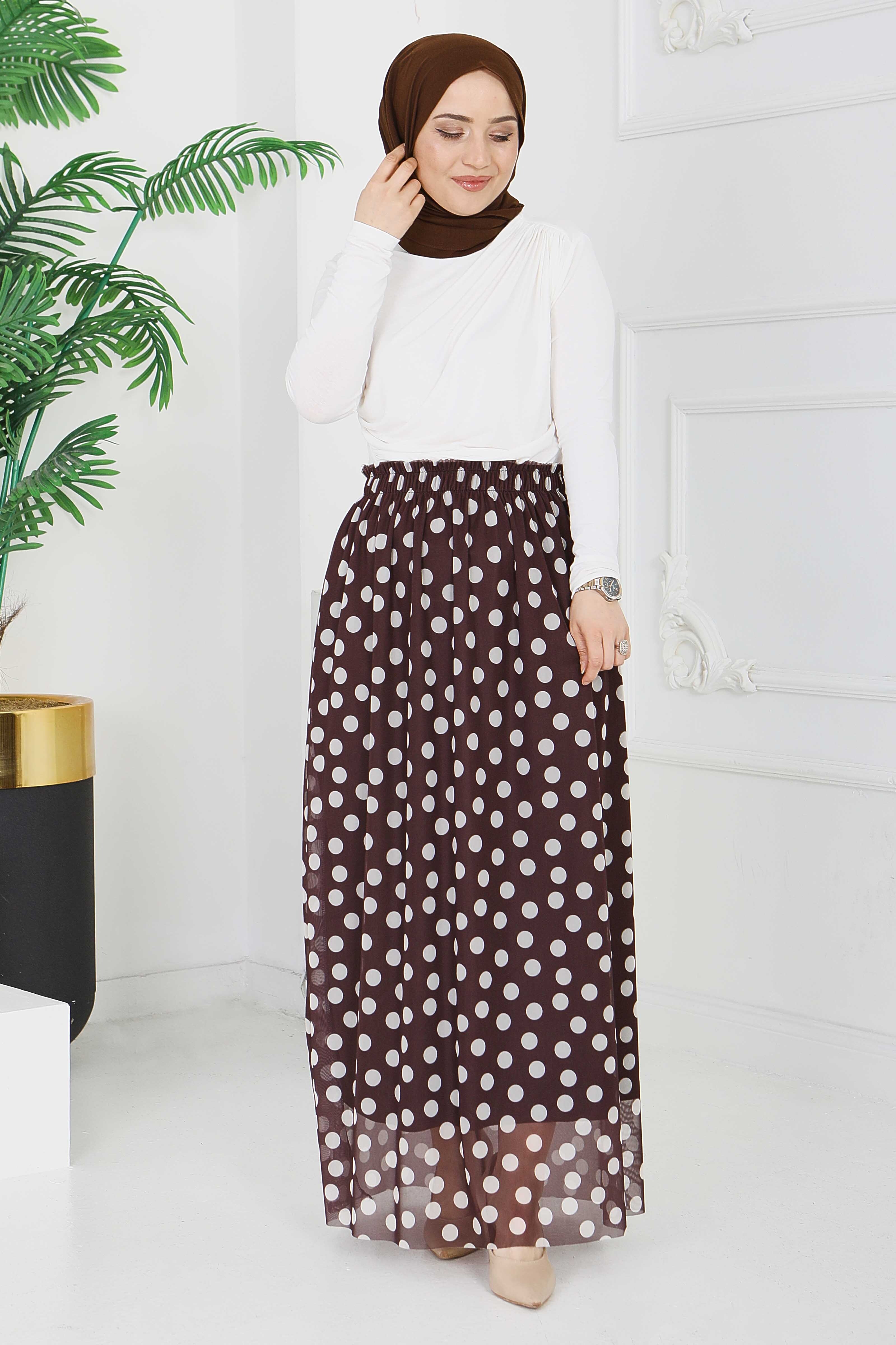 Büyük Puantiye Desenli Etek - 28404-KAHVE - 1