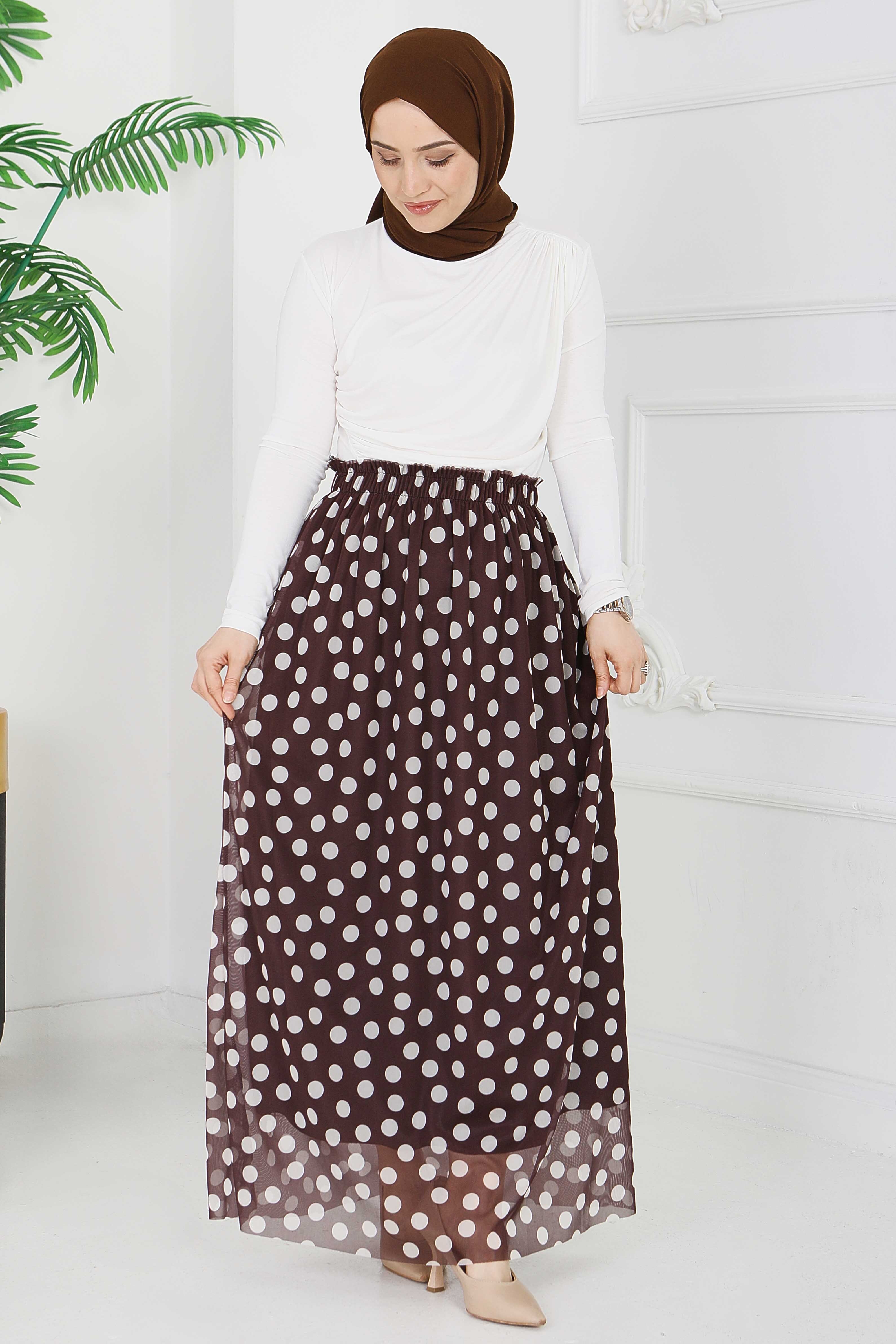 Büyük Puantiye Desenli Etek - 28404-KAHVE - 2