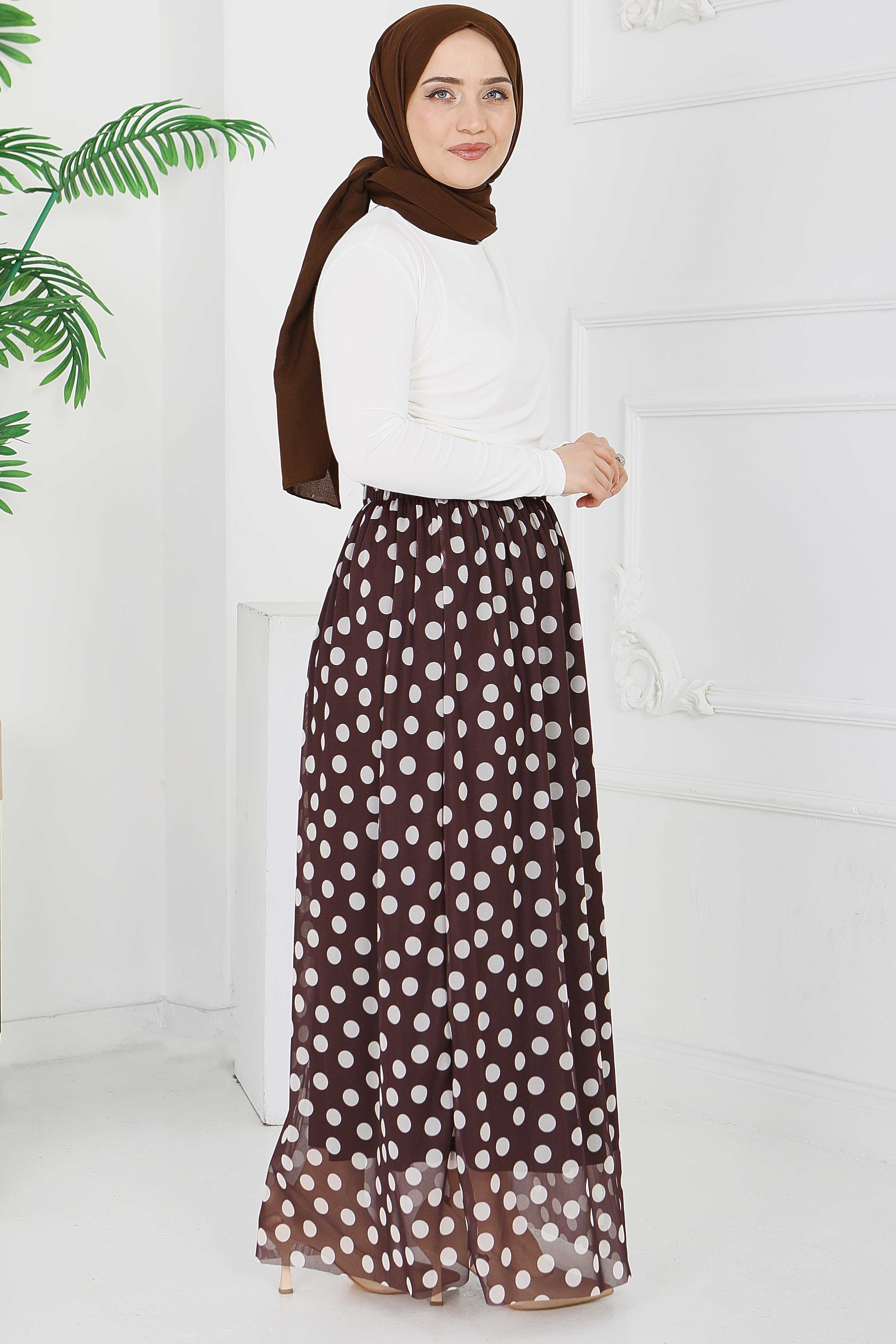 Büyük Puantiye Desenli Etek - 28404-KAHVE - 3