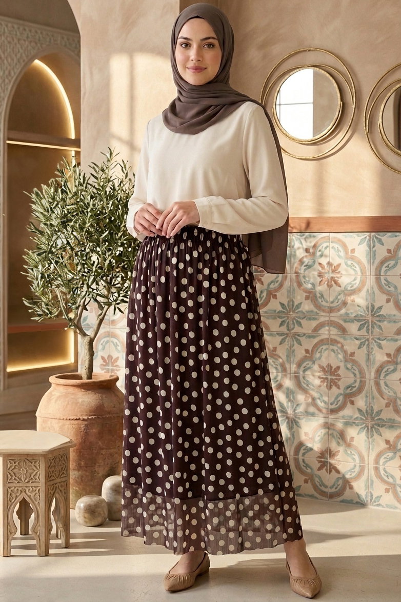 Büyük Puantiye Desenli Etek - 28404-KAHVE - 2