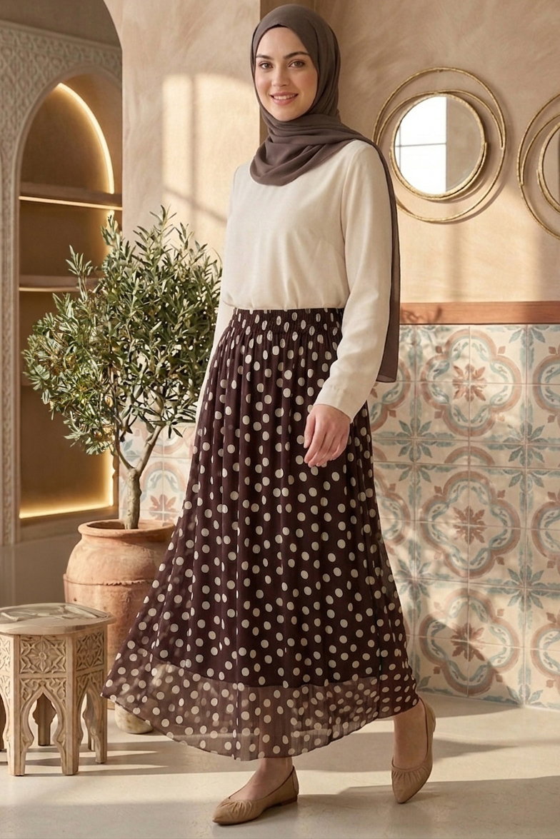 Büyük Puantiye Desenli Etek - 28404-KAHVE - 1
