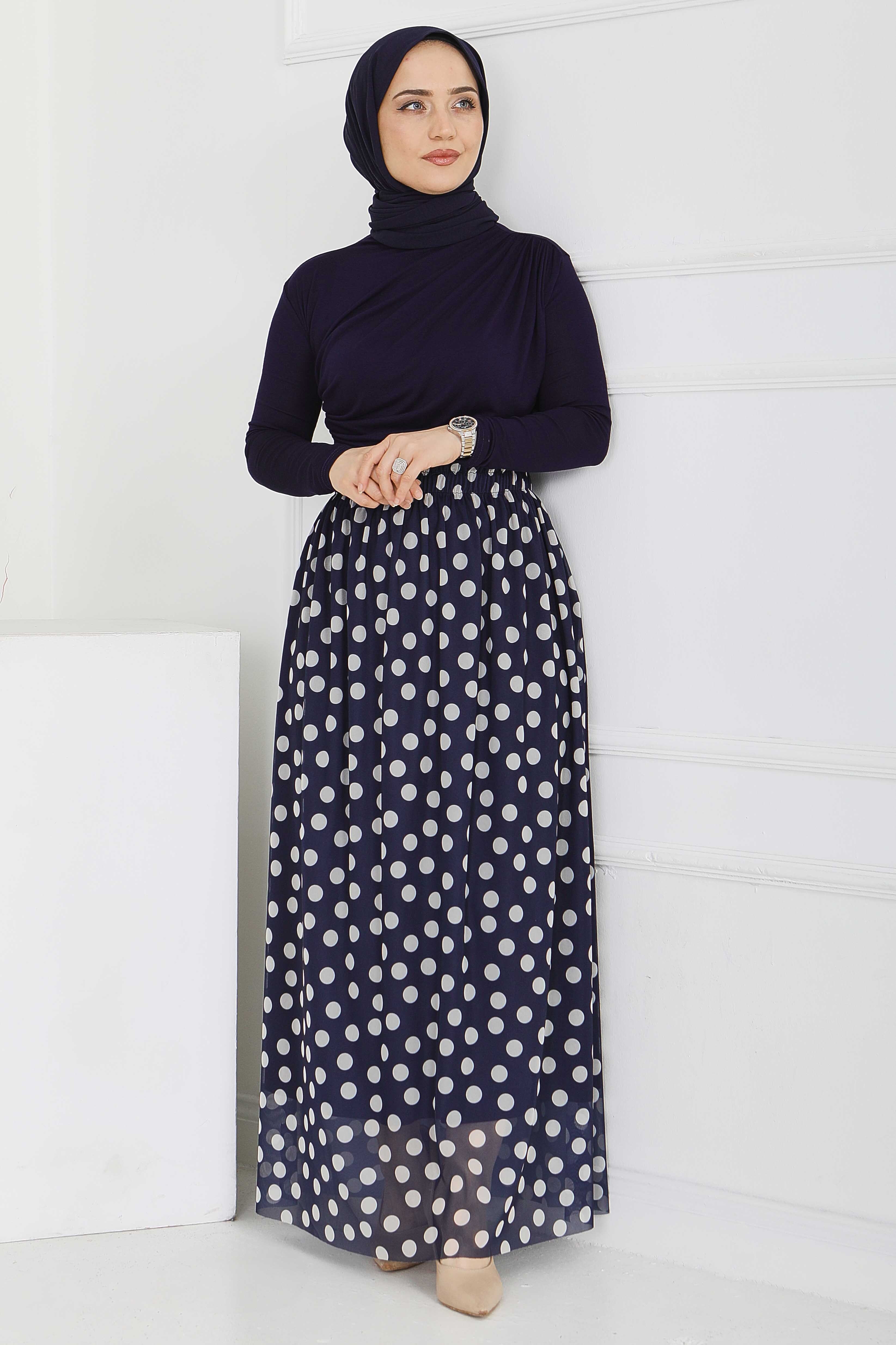 Büyük Puantiye Desenli Etek - 28404-LACIVERT - 1