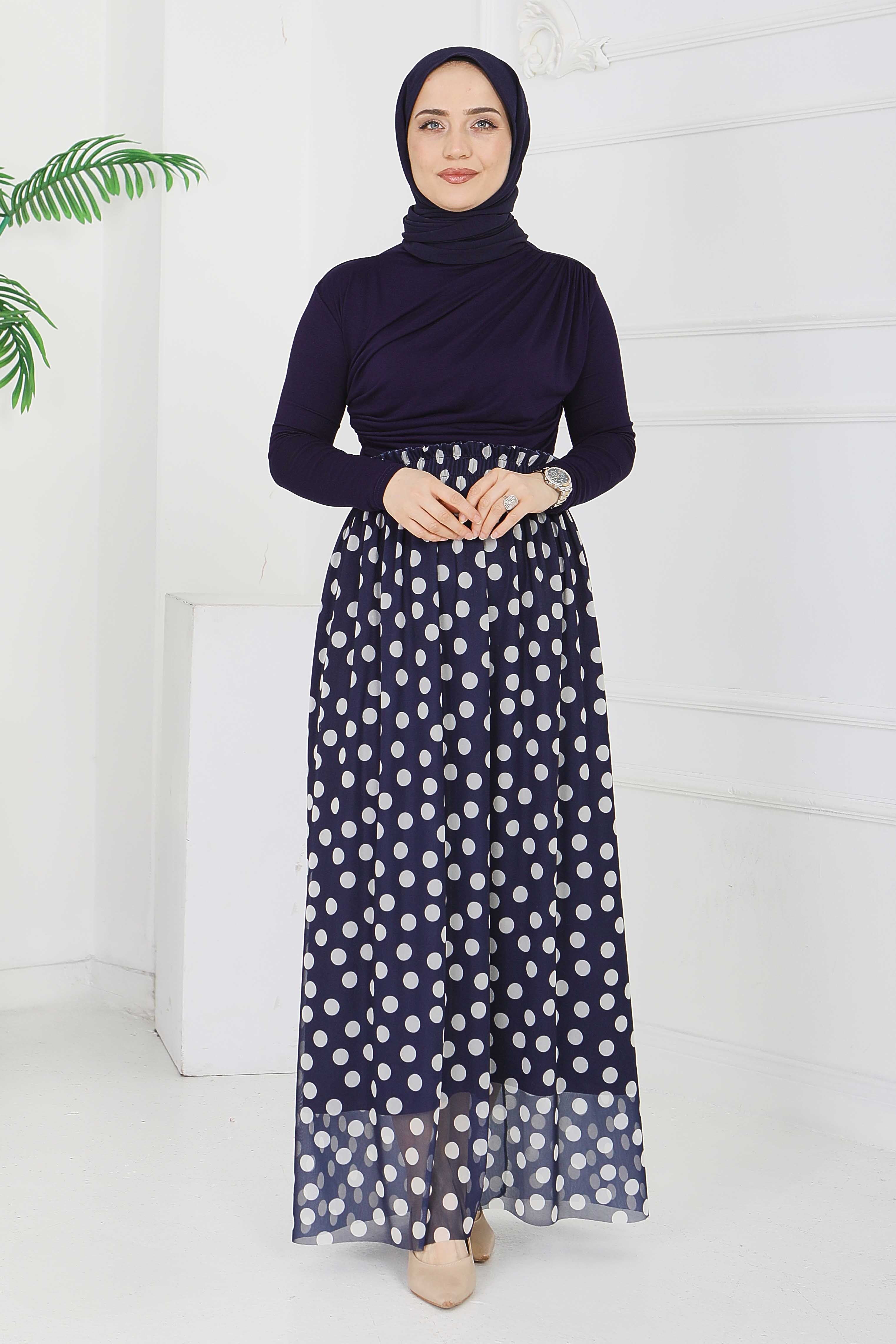 Büyük Puantiye Desenli Etek - 28404-LACIVERT - 2