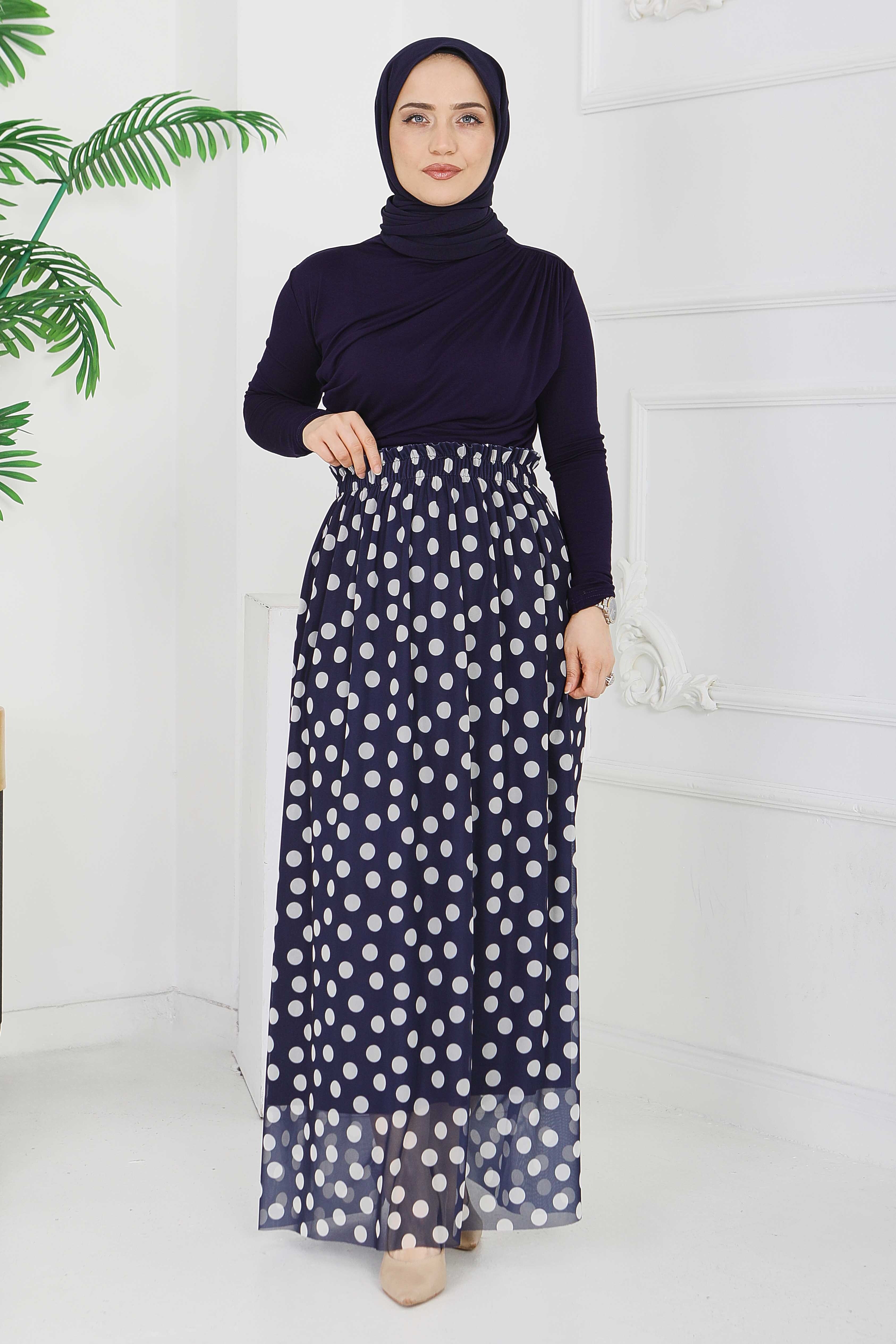 Büyük Puantiye Desenli Etek - 28404-LACIVERT - 3