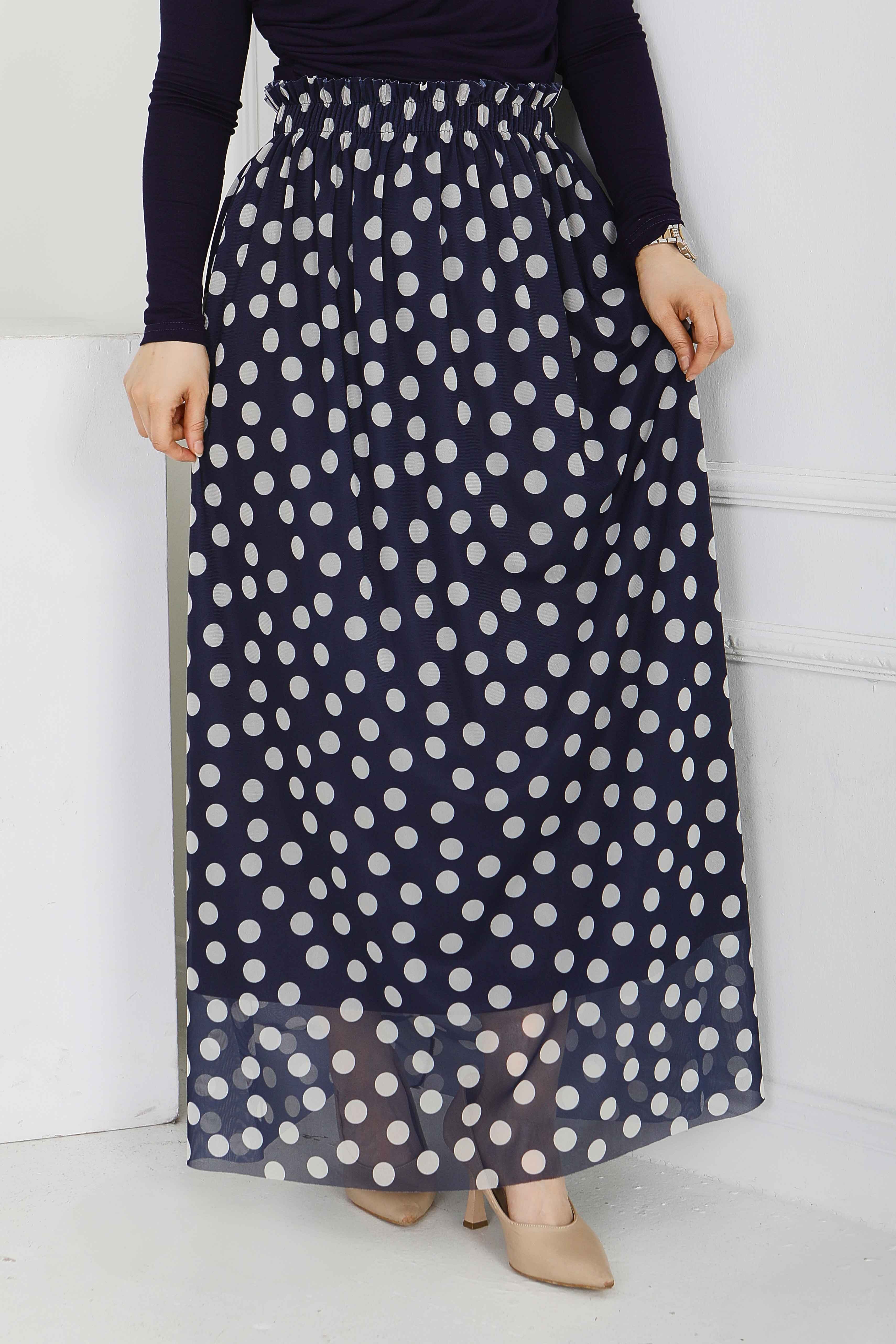 Büyük Puantiye Desenli Etek - 28404-LACIVERT - 4