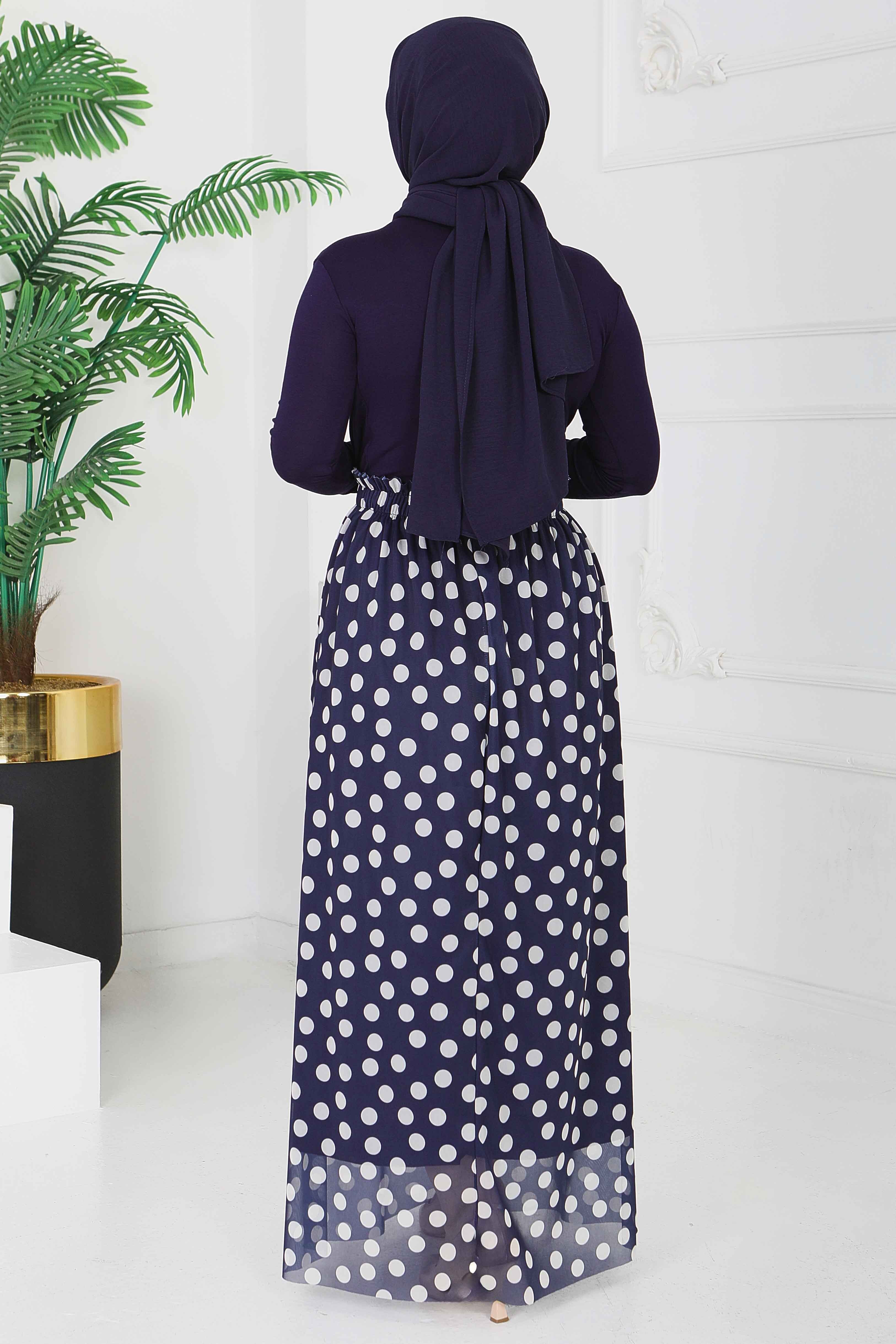 Büyük Puantiye Desenli Etek - 28404-LACIVERT - 5