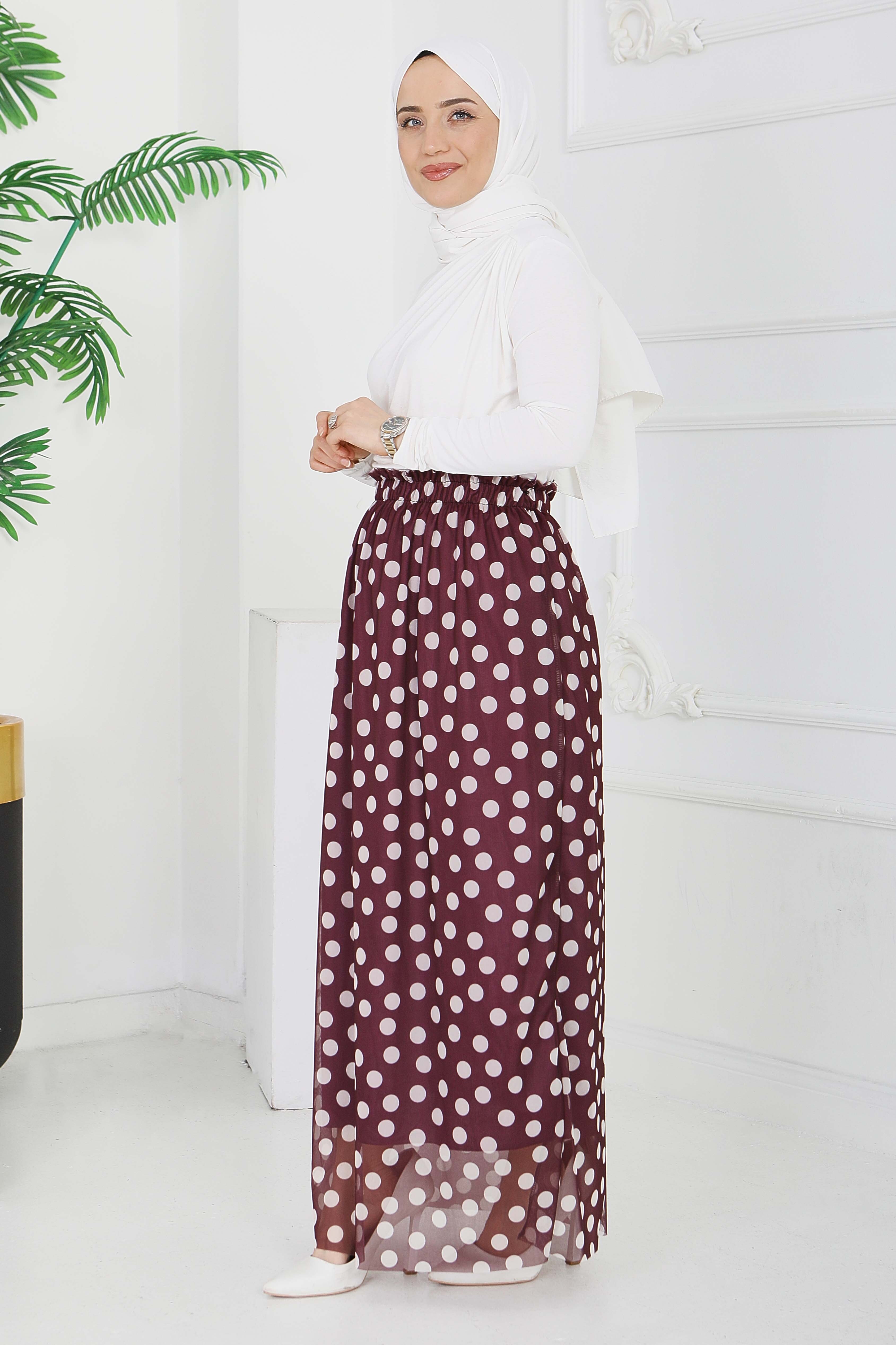 Büyük Puantiye Desenli Etek - 28404-MURDUM - 1