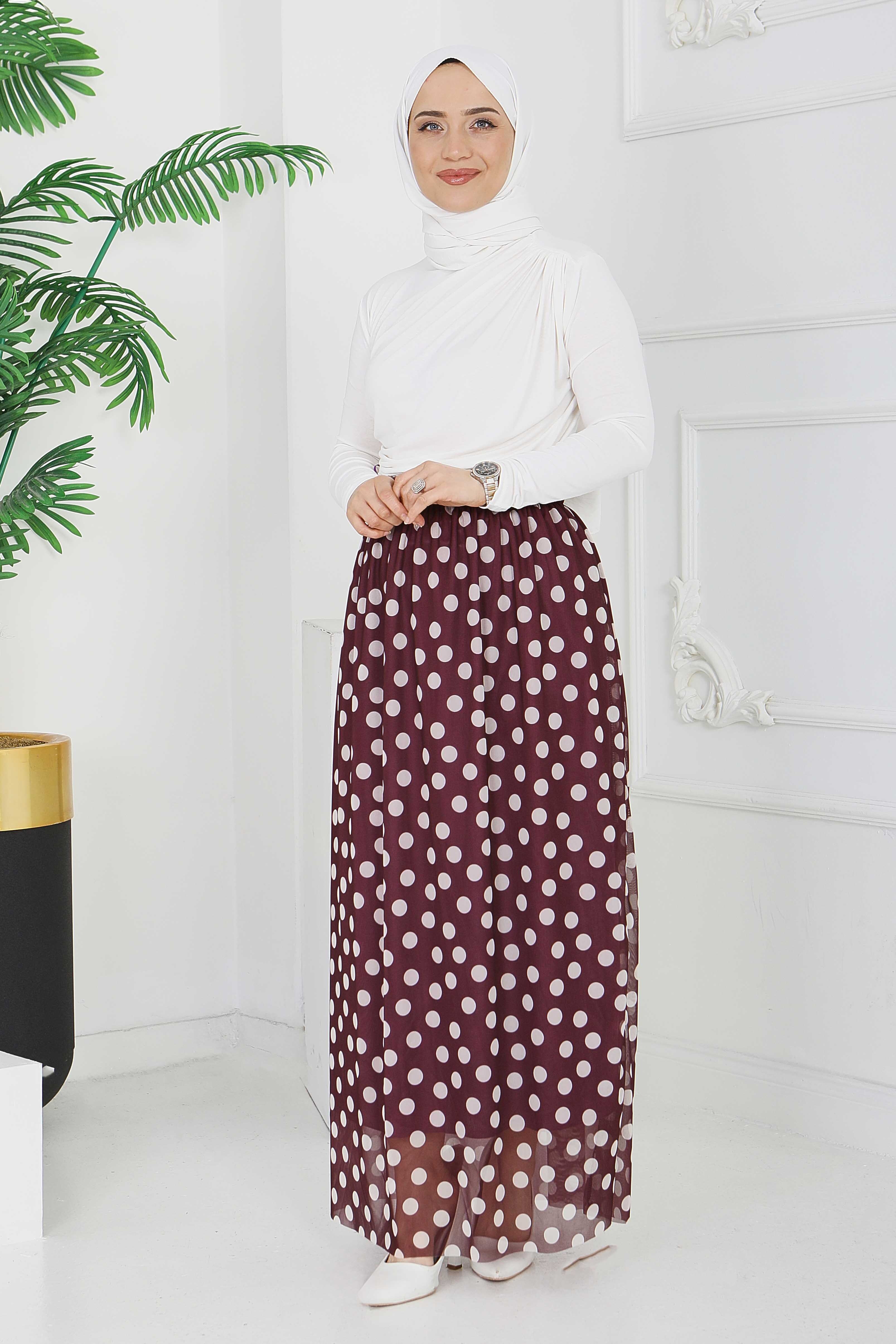 Büyük Puantiye Desenli Etek - 28404-MURDUM - 3