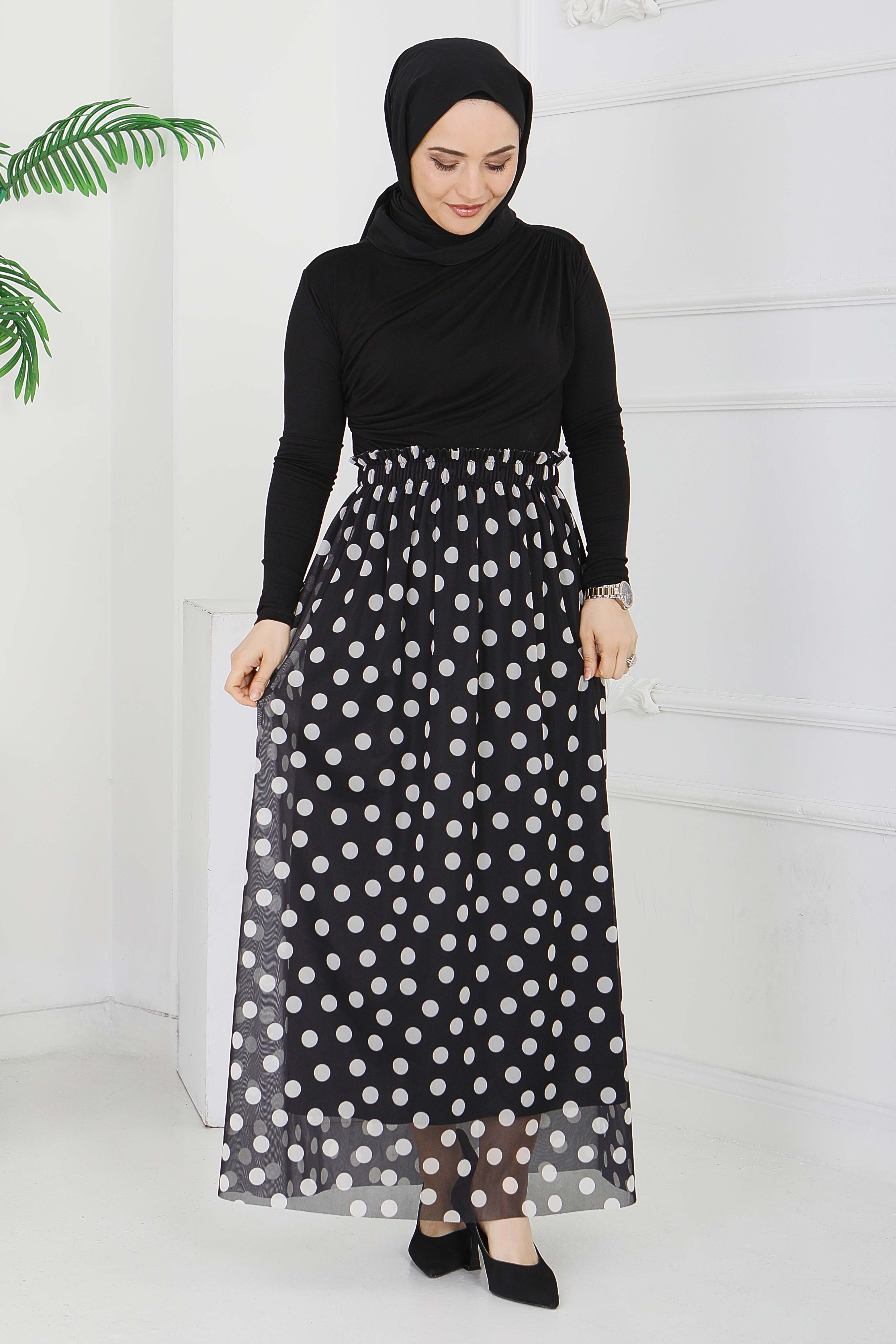 Büyük Puantiye Desenli Etek - 28404-SIYAH - 1