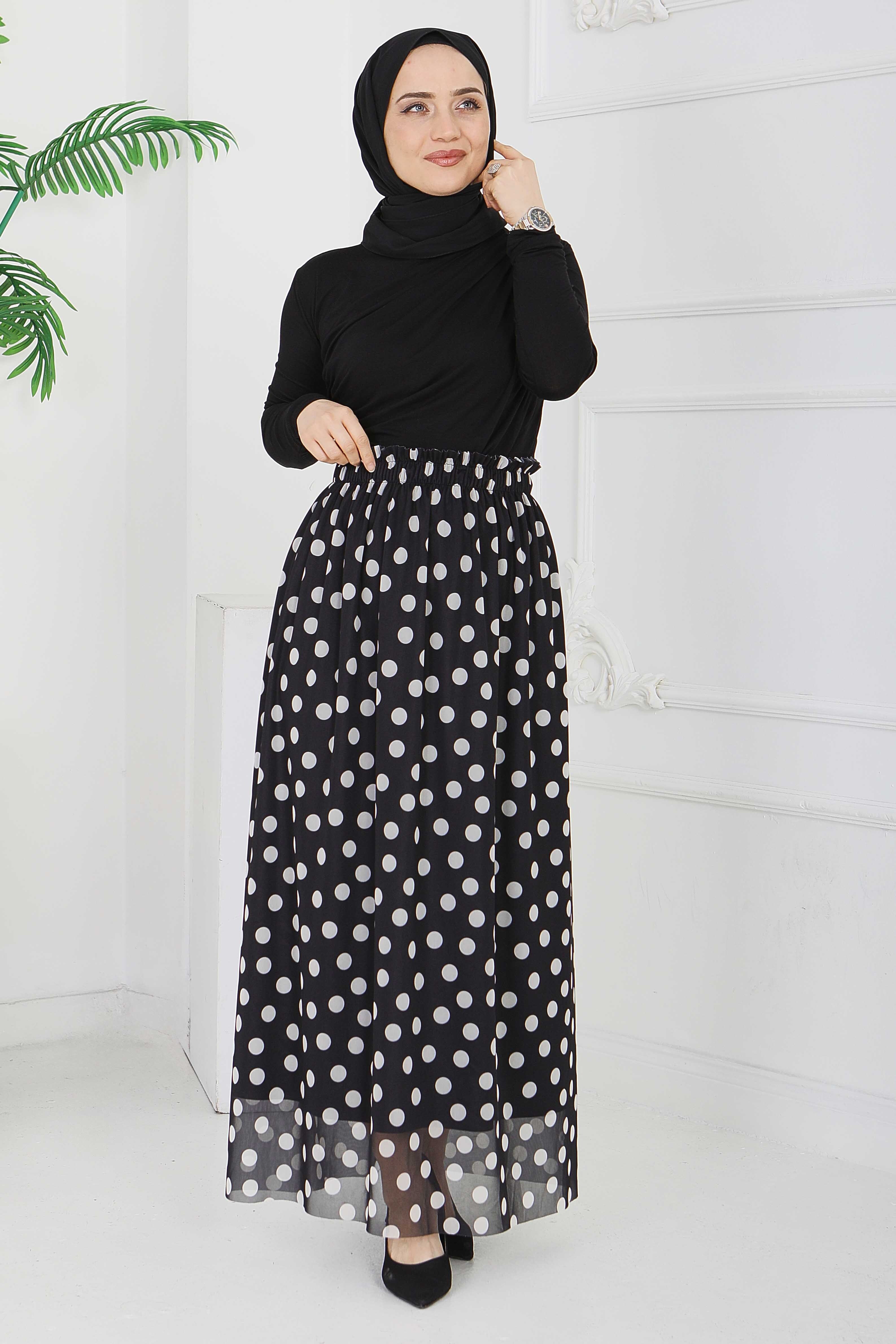 Büyük Puantiye Desenli Etek - 28404-SIYAH - 2