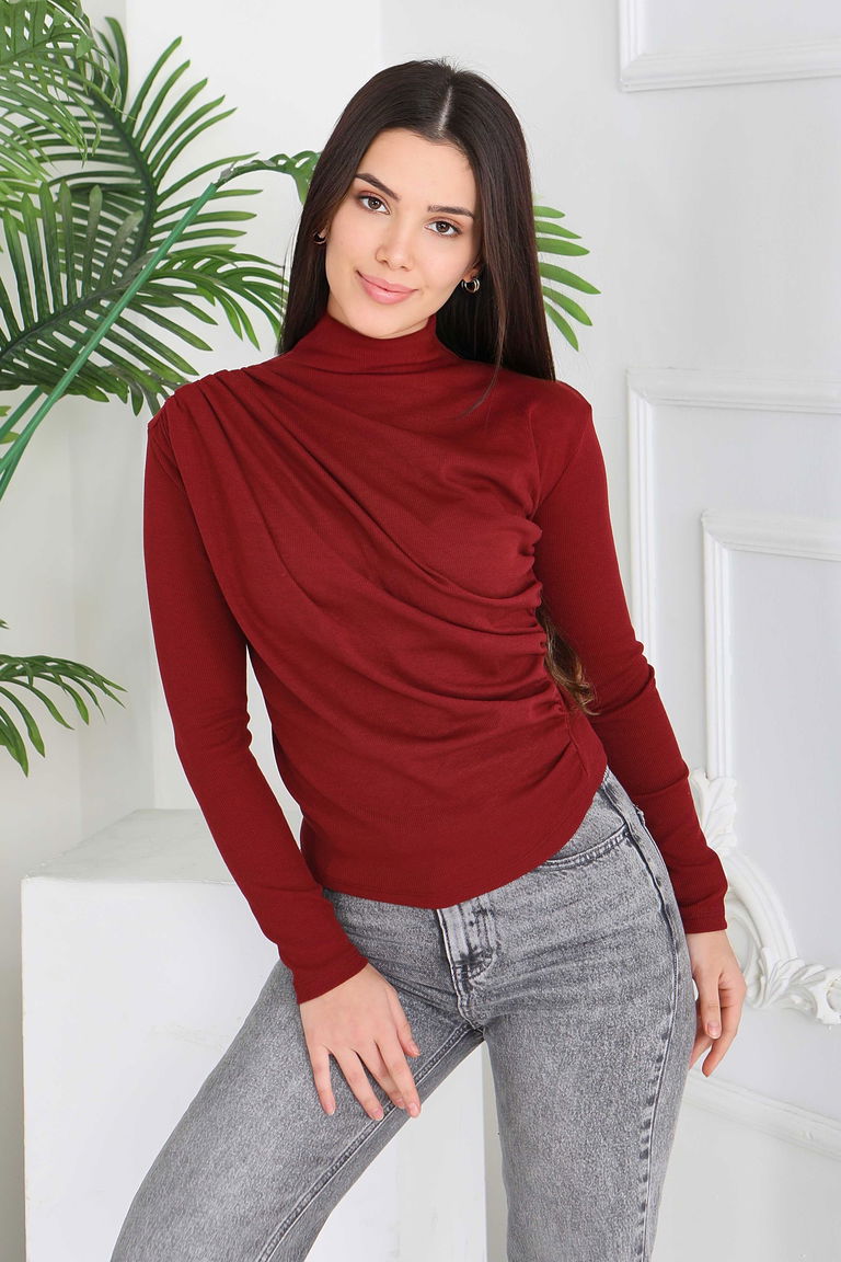 Büzgü Detaylı Ribana Bluz - 2033-BORDO - TOFİSA