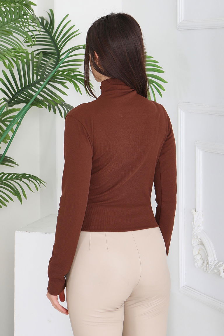 Büzgü Detaylı Ribana Bluz - 2033-KAHVE - TOFİSA