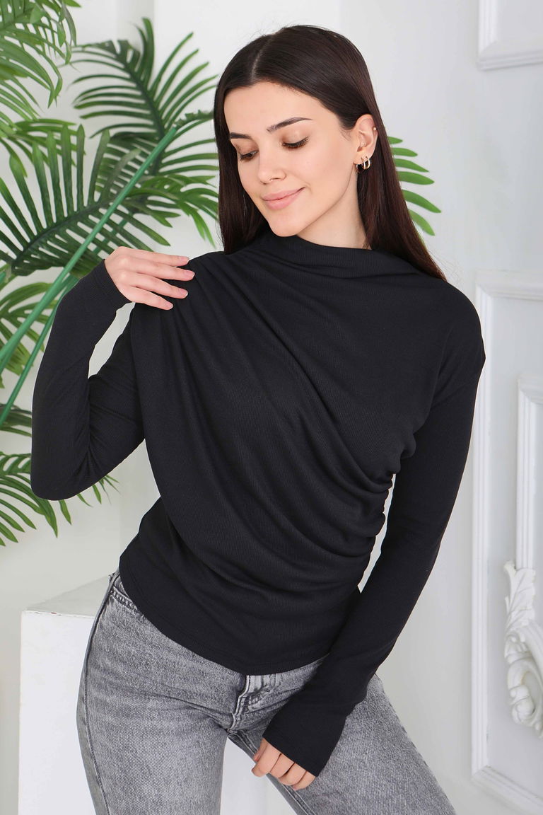 Büzgü Detaylı Ribana Bluz - 2033-SIYAH - TOFİSA