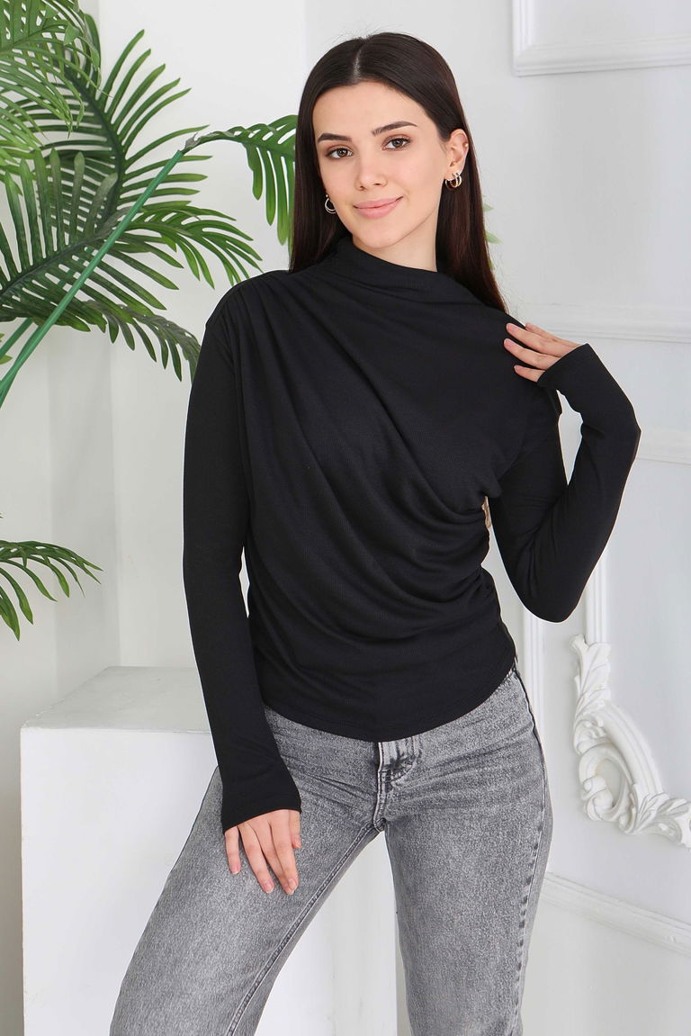Büzgü Detaylı Ribana Bluz - 2033-SIYAH - TOFİSA