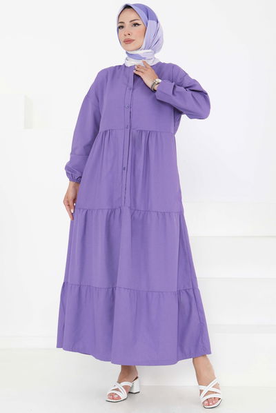 Büzgülü Pat Detaylı Elbise Lila - 27293 