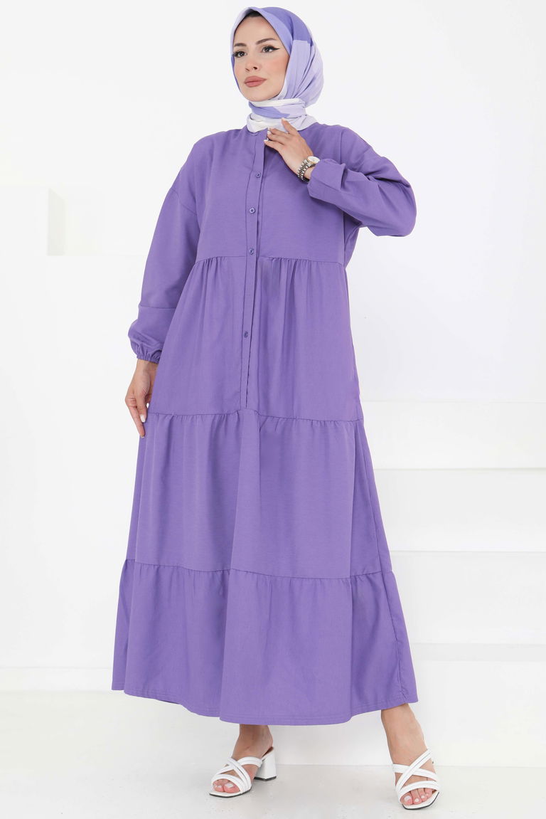 Büzgülü Pat Detaylı Elbise Lila - 27293 - TOFİSA