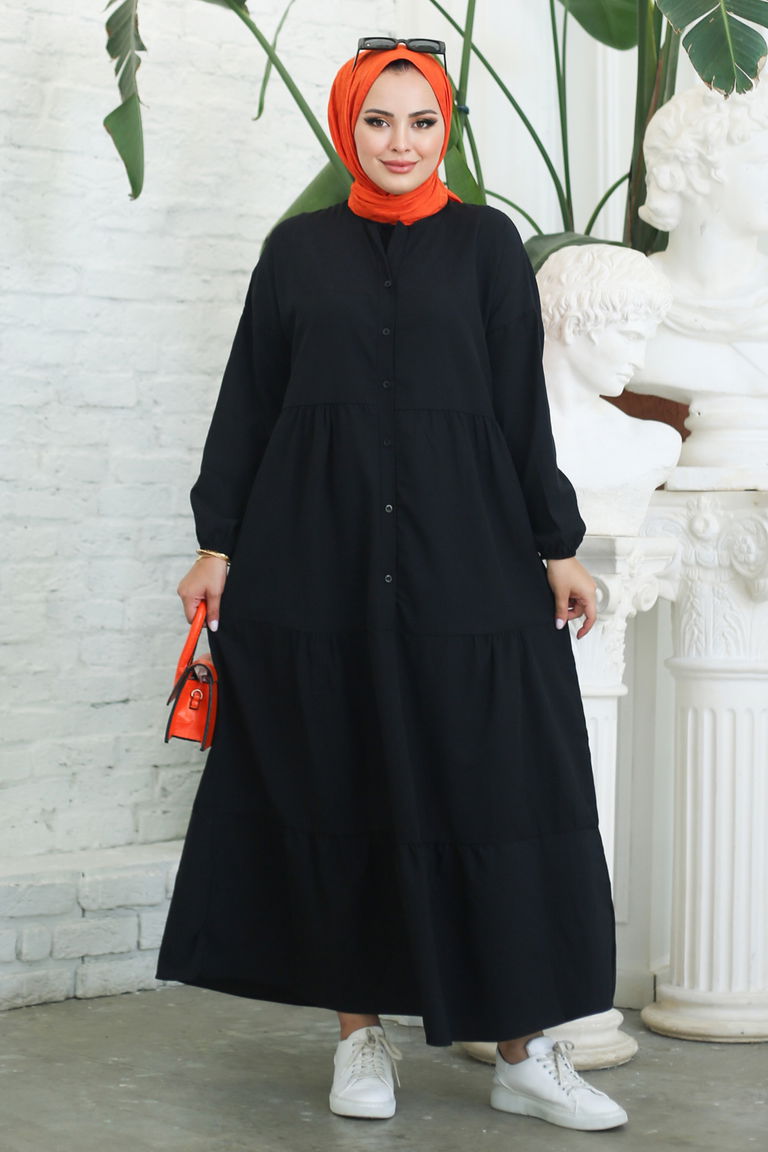 Büzgülü Pat Detaylı Elbise Siyah - 27293 - TOFİSA