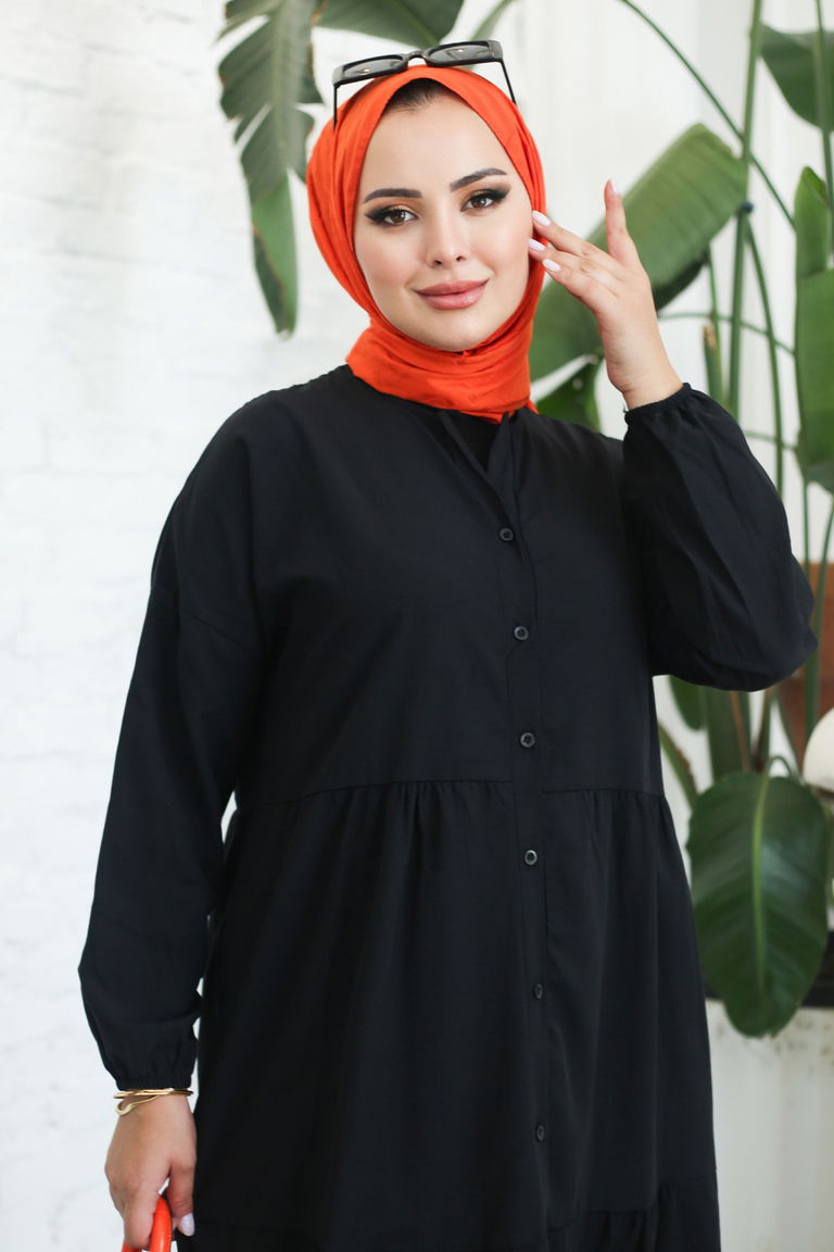 Büzgülü Pat Detaylı Elbise Siyah - 27293 - TOFİSA