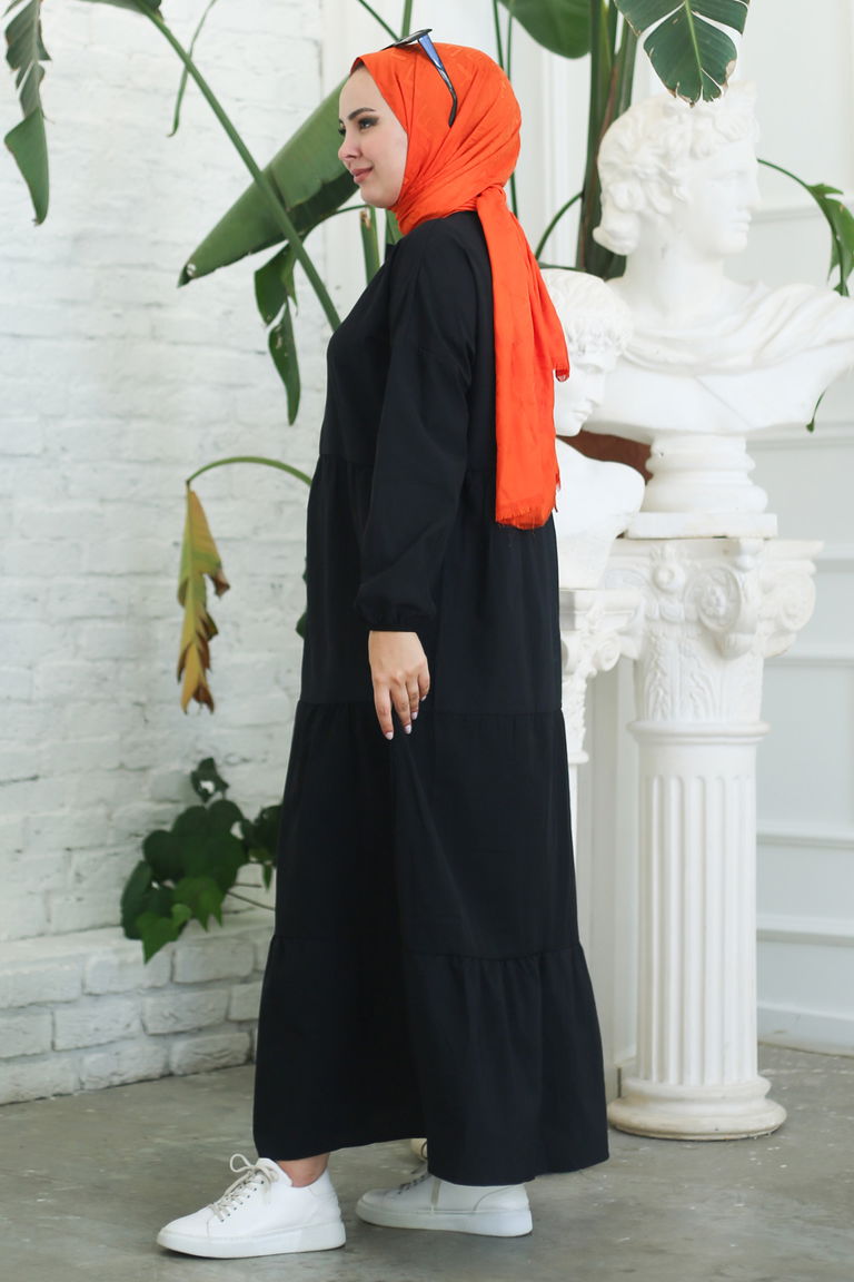 Büzgülü Pat Detaylı Elbise Siyah - 27293 - TOFİSA