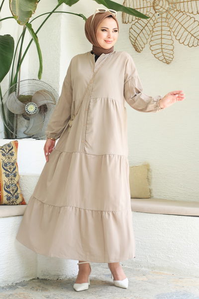 Büzgülü Pat Detaylı Elbise Vizon - 27293 