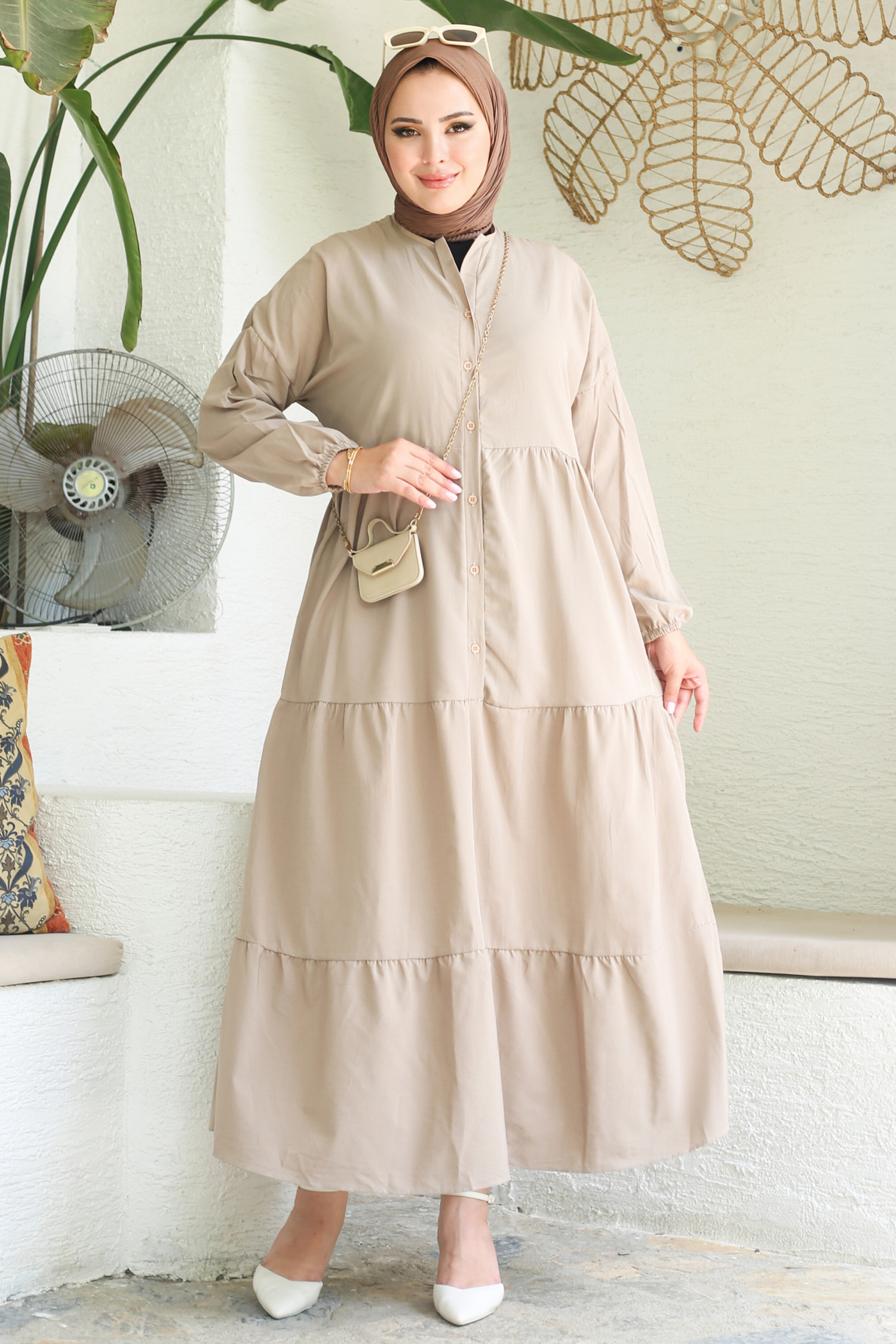 Büzgülü Pat Detaylı Elbise Vizon - 27293 - 2