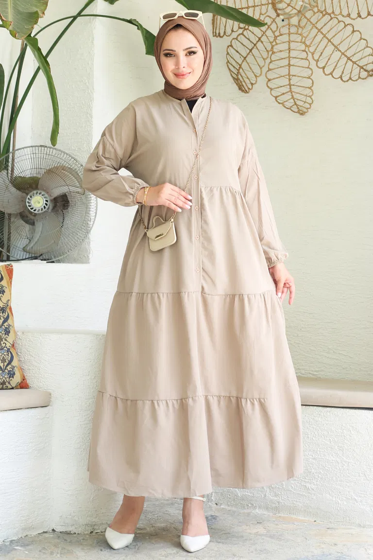 Büzgülü Pat Detaylı Elbise Vizon - 27293 - TOFİSA