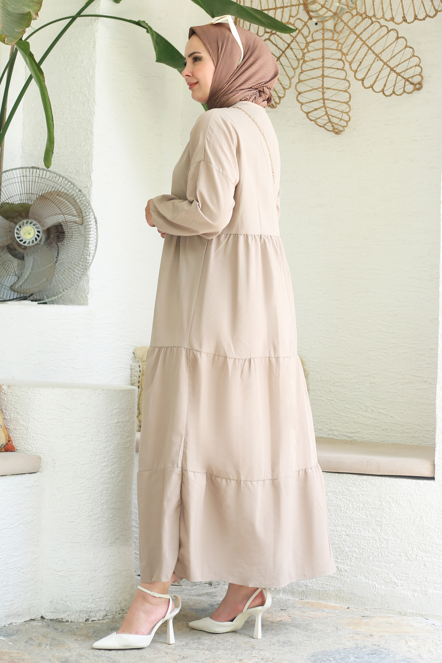 Büzgülü Pat Detaylı Elbise Vizon - 27293 - 3