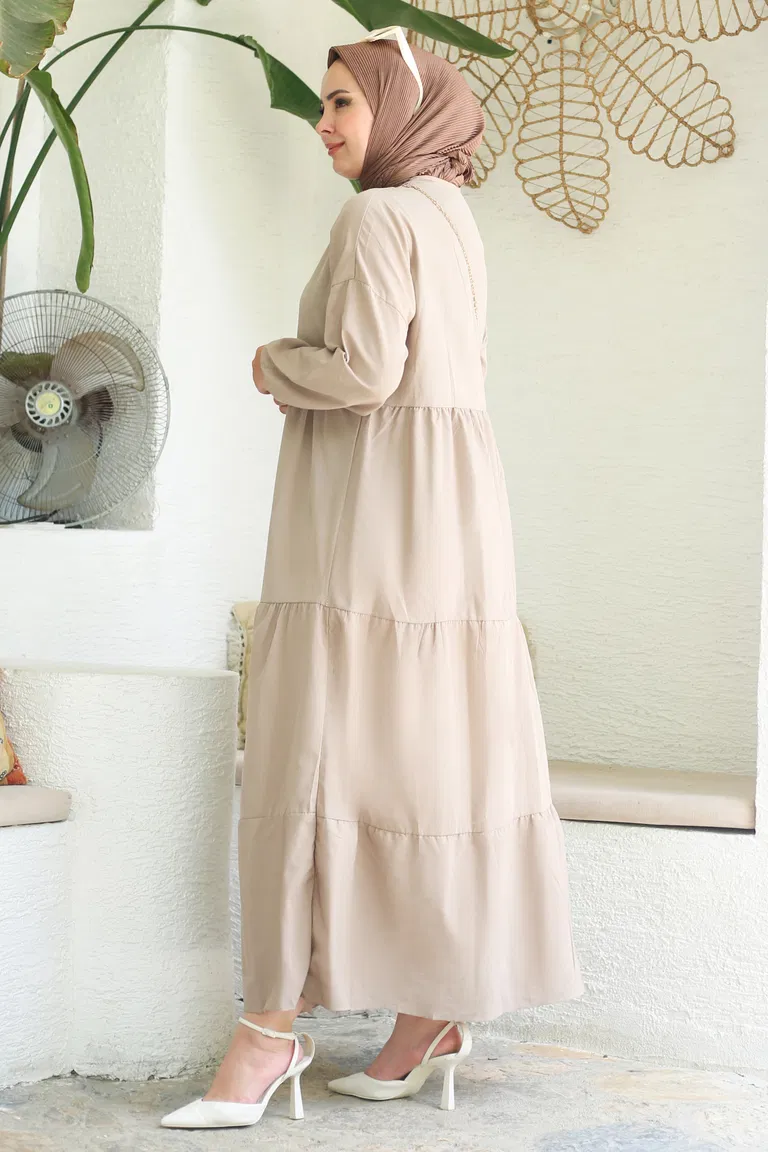 Büzgülü Pat Detaylı Elbise Vizon - 27293 - TOFİSA