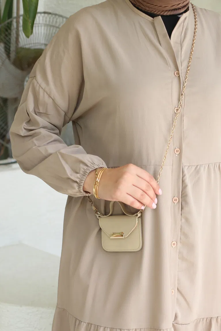 Büzgülü Pat Detaylı Elbise Vizon - 27293 - TOFİSA